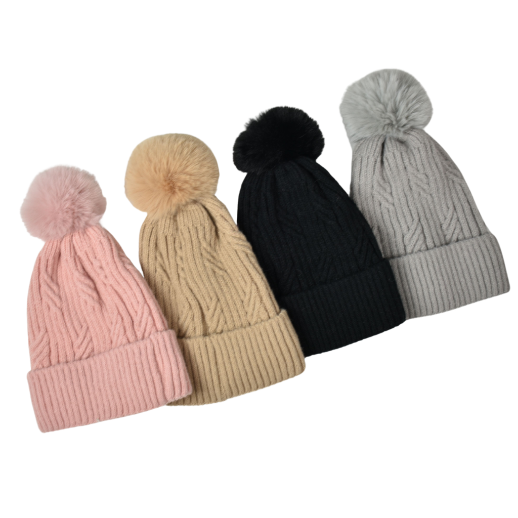 Braided Twist Pompom Beanie – Classic Black