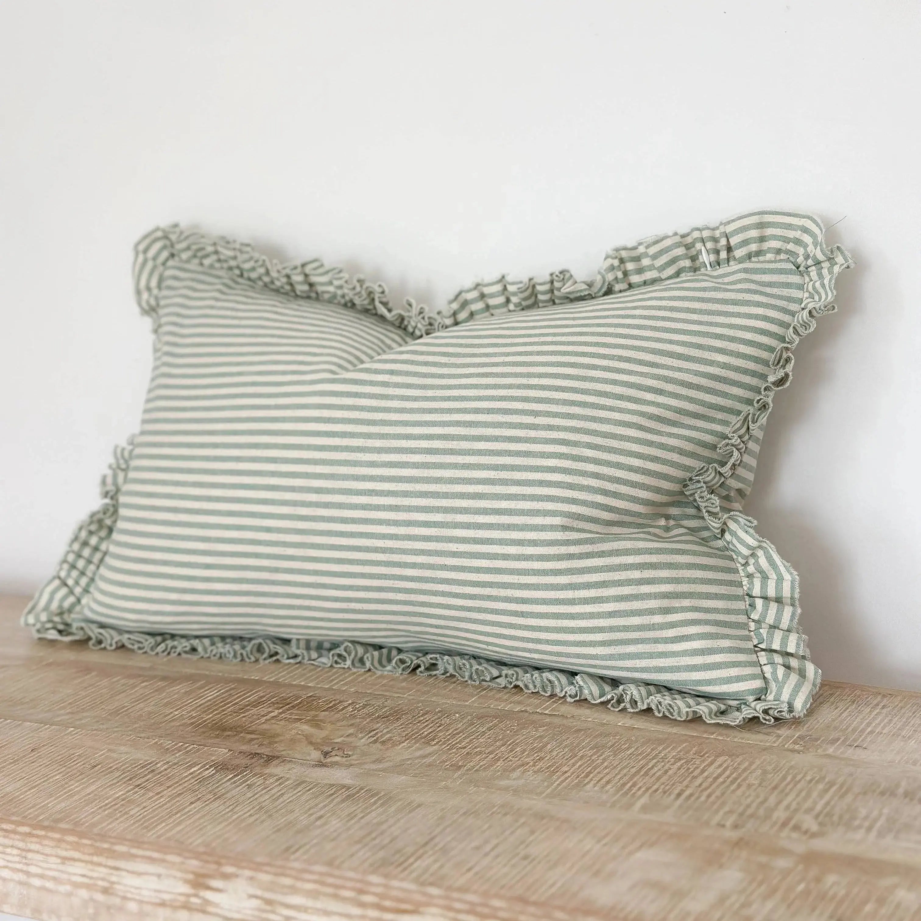 Darcy Ruffle Cotton Cushion Cover 50x30 – Sage Green Stripe Ellenvale Trade
