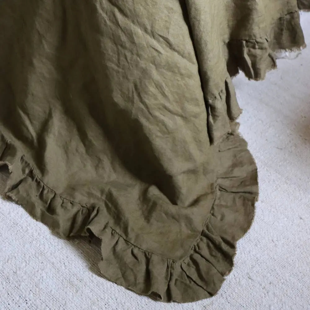 Olive Ruffle Linen Bedspread – 235 x 235 cm Ellenvale Trade