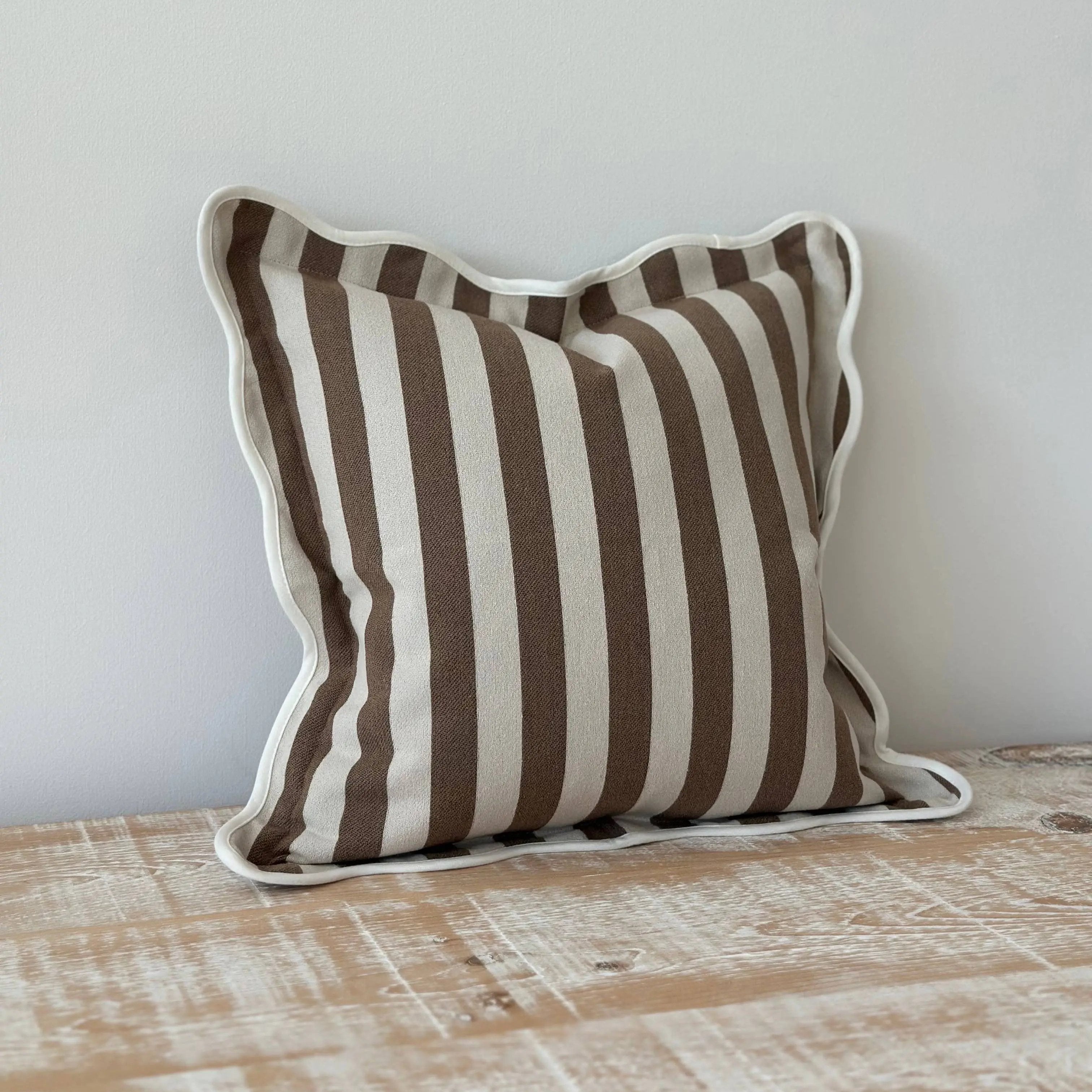 Chloe Brown Stripe Scalloped Edge Cushion Cover Ellenvale Trade