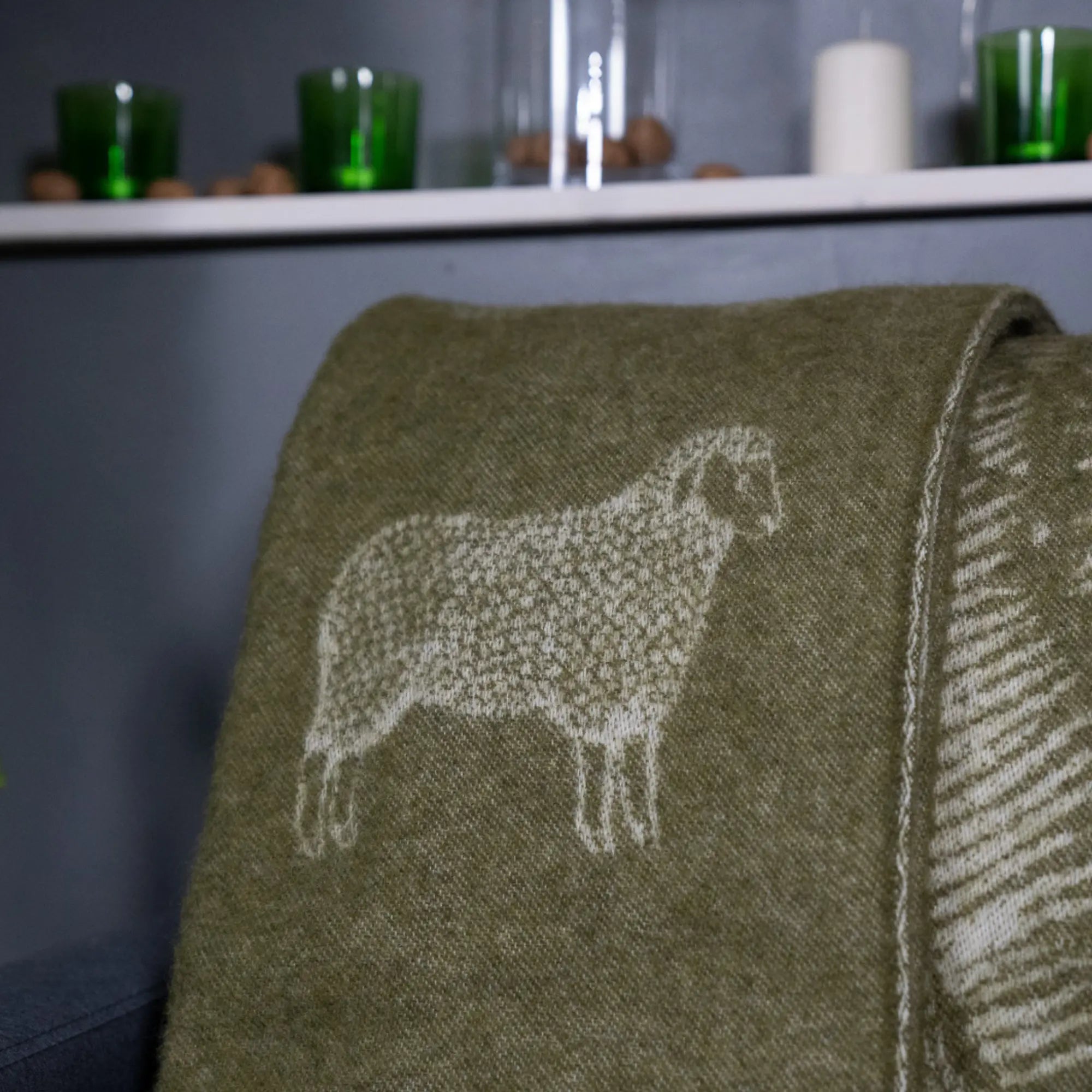 Sheep Mossy Green Pure Wool Throw JJ Textile