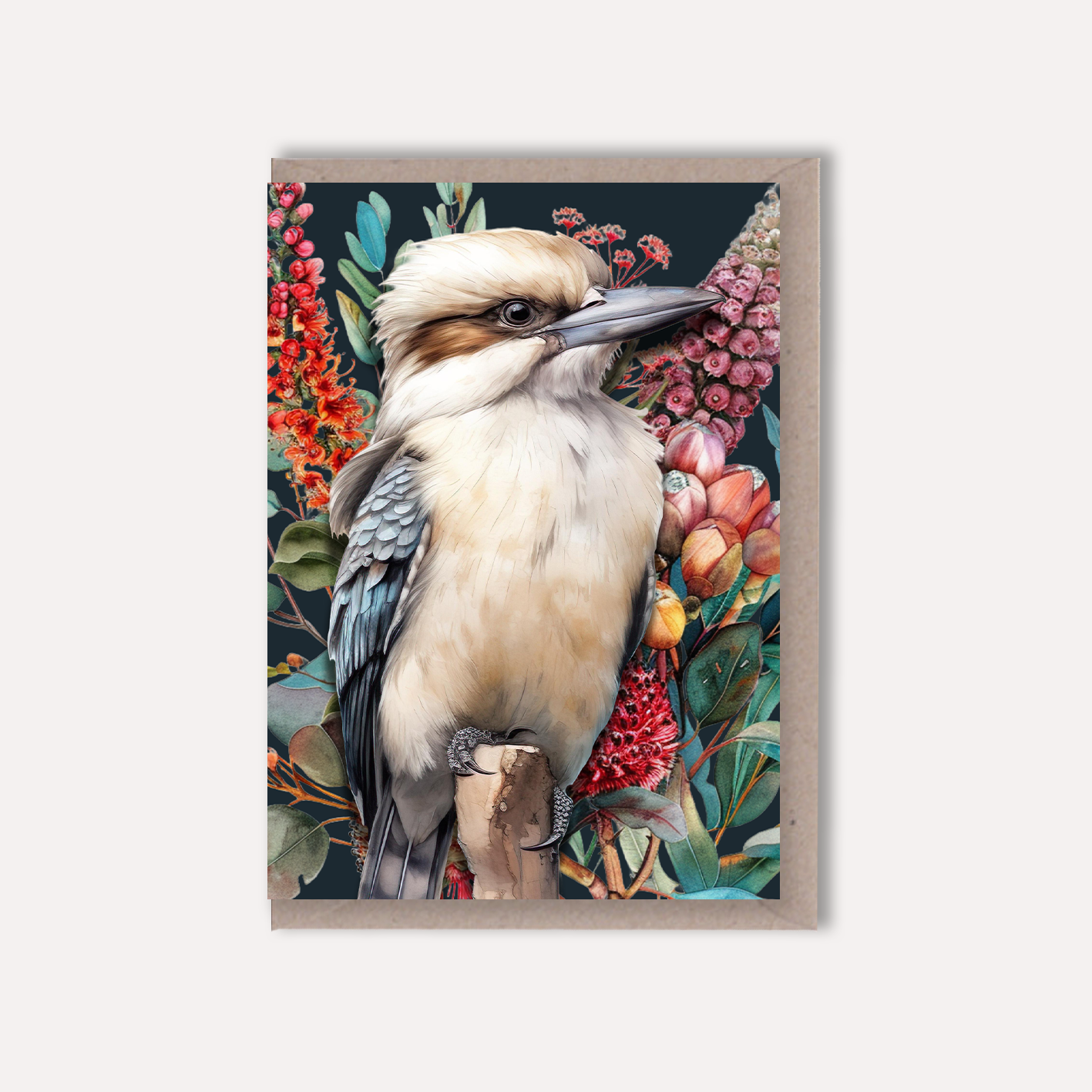 Australian Kookaburra on Native Florals greeting card Scattered Seed Co