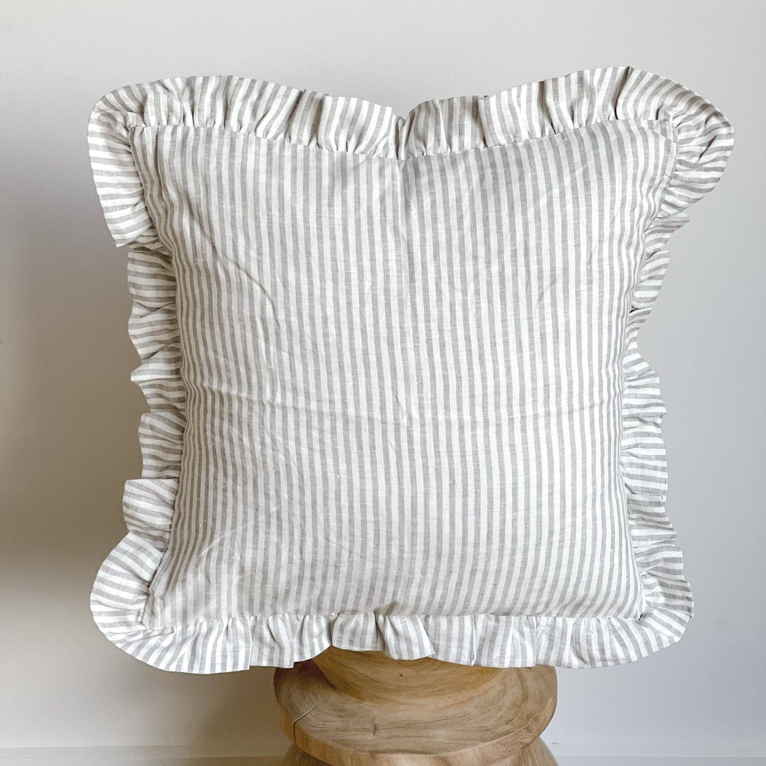 Linen Ruffle Cushion - Grey Stripe Mama and Tochter