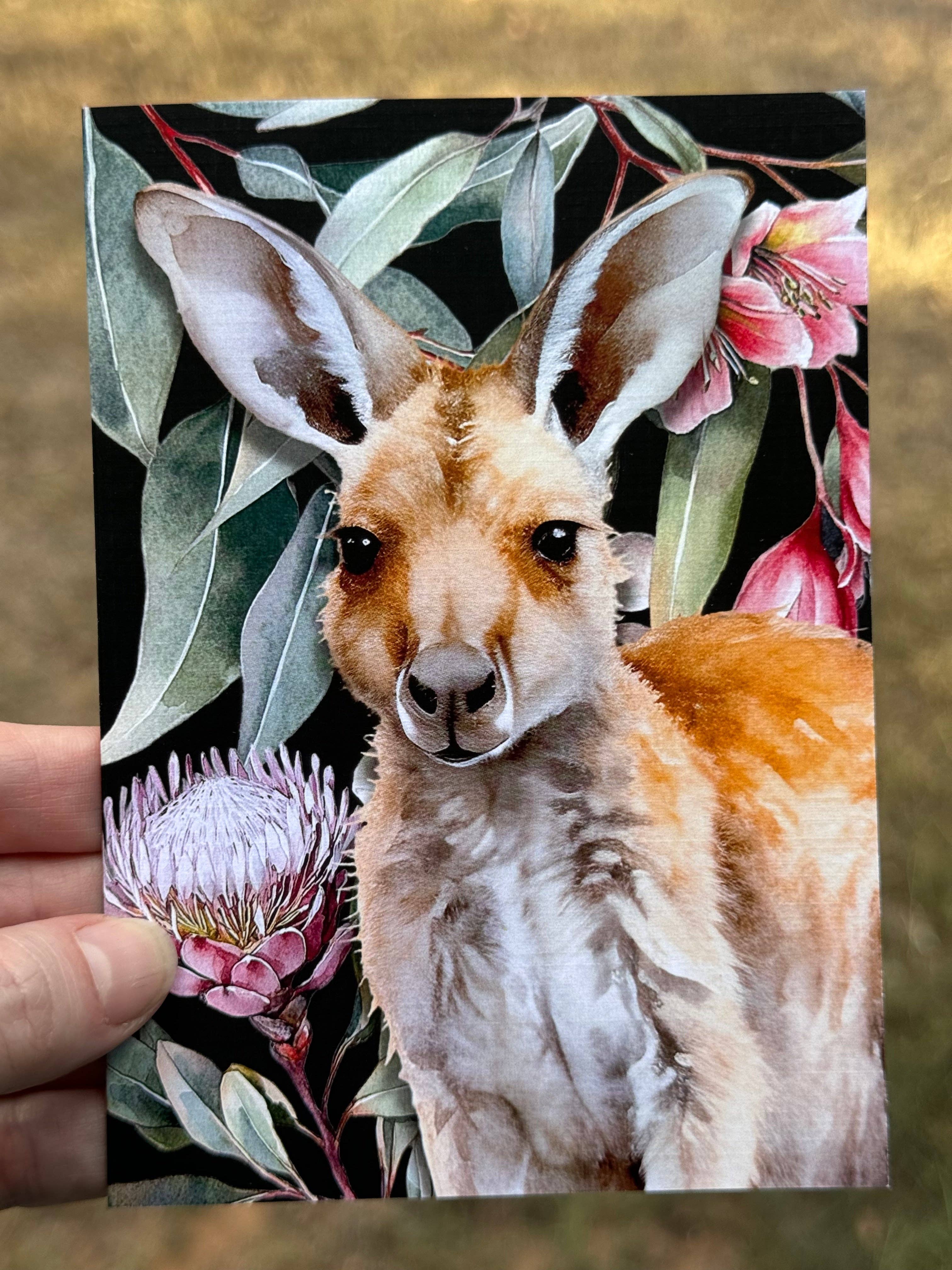Australian Kangaroo on Native Florals greeting card Scattered Seed Co