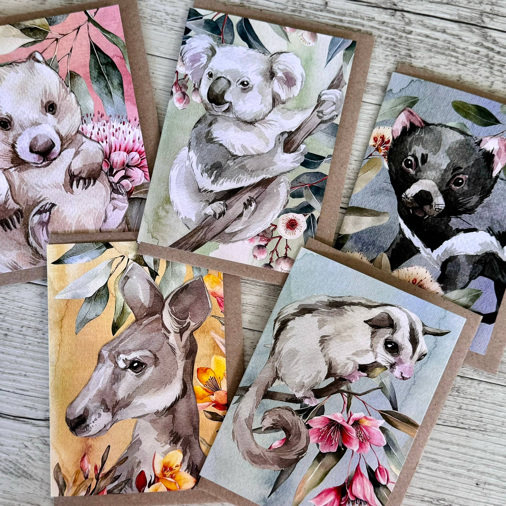 Australian Watercolour Sugar Glider on Australian Flora greeting card Scattered Seed Co