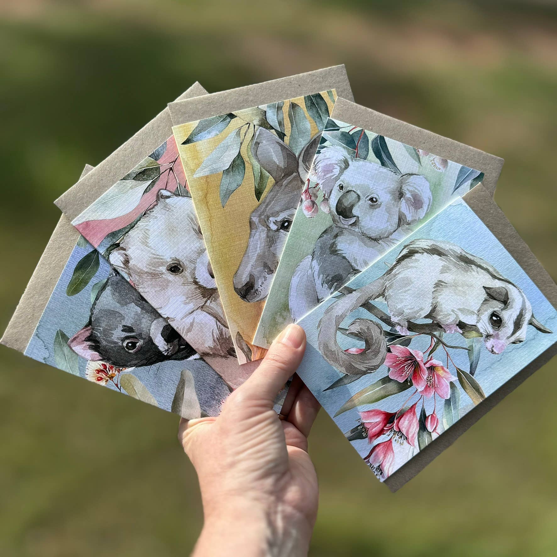 Australian Watercolour Sugar Glider on Australian Flora greeting card Scattered Seed Co