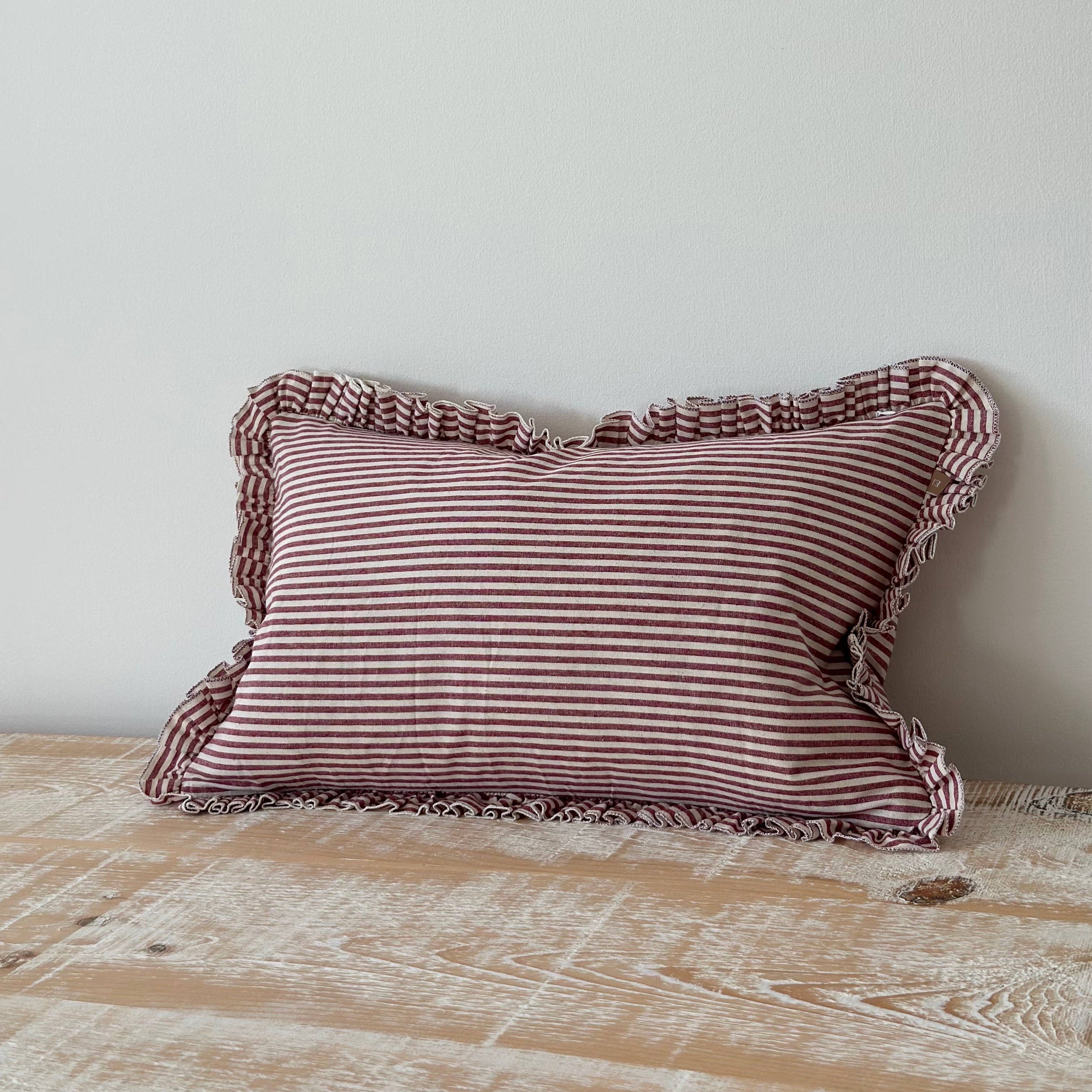 Darcy Ruffle Cotton Cushion Cover 50x30 – Burgundy Stripe Ellenvale Trade