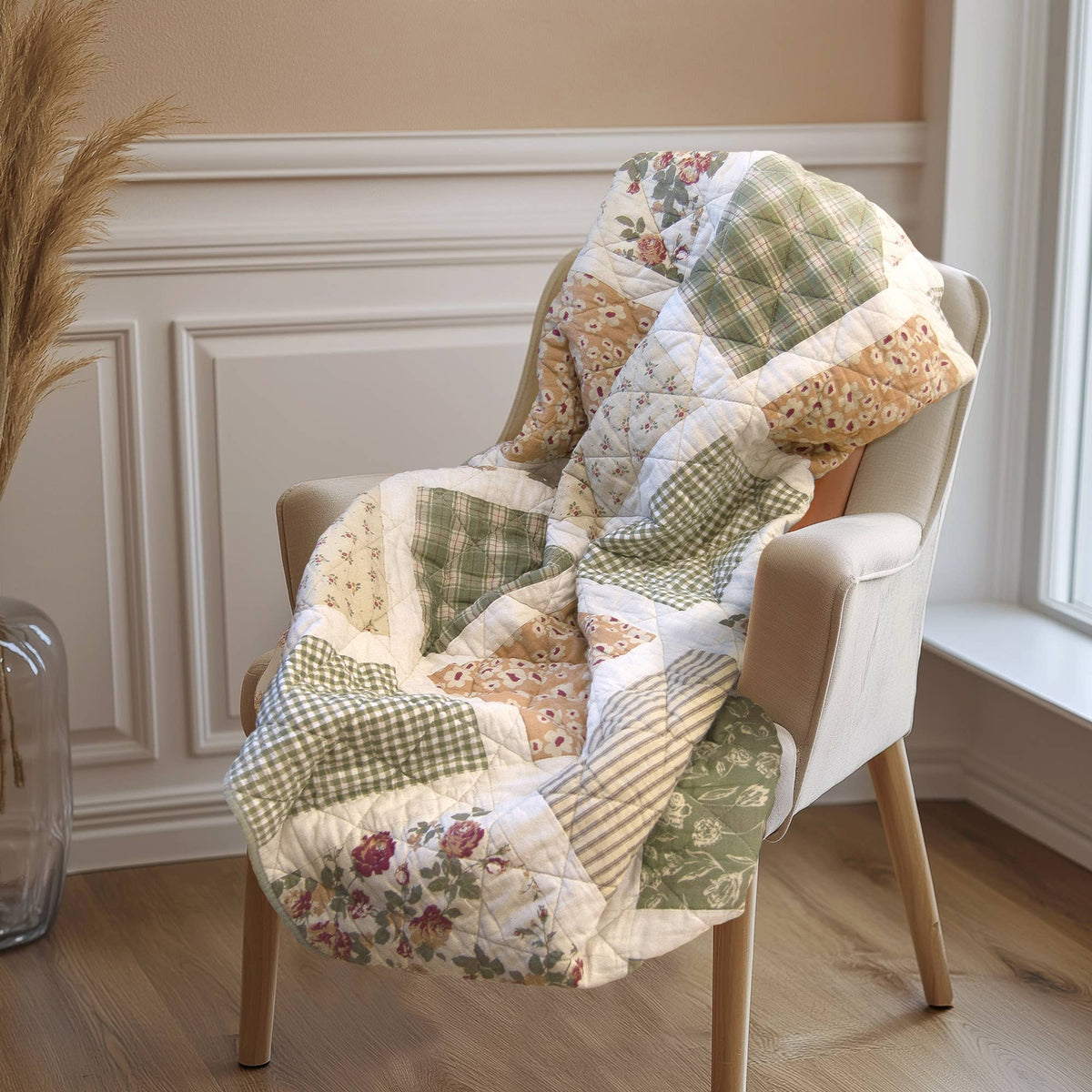 Peach Rose Cotton Patchwork Floral Quilted Throw