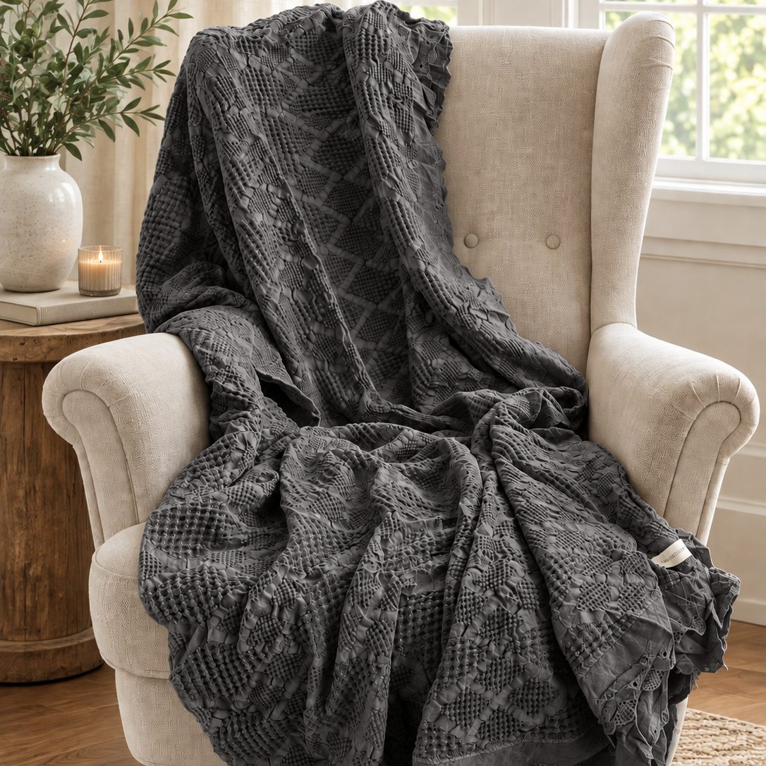 Organic Cotton Waffle Textured Ruffle Throw - Charcoal - 150 x 200