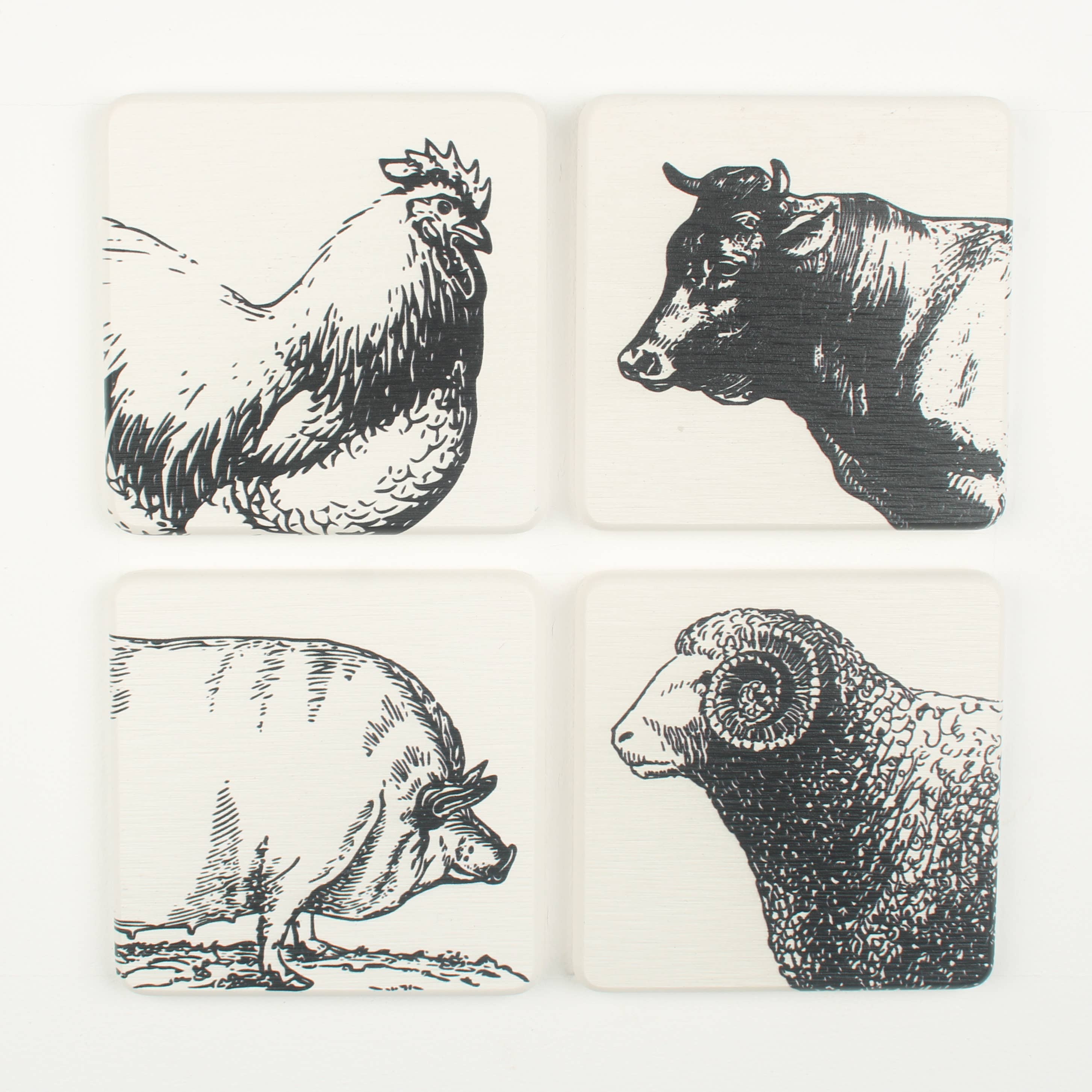 Vintage Farmhouse Coaster Set – Monochrome Countryside Sketch (Set of 4)
