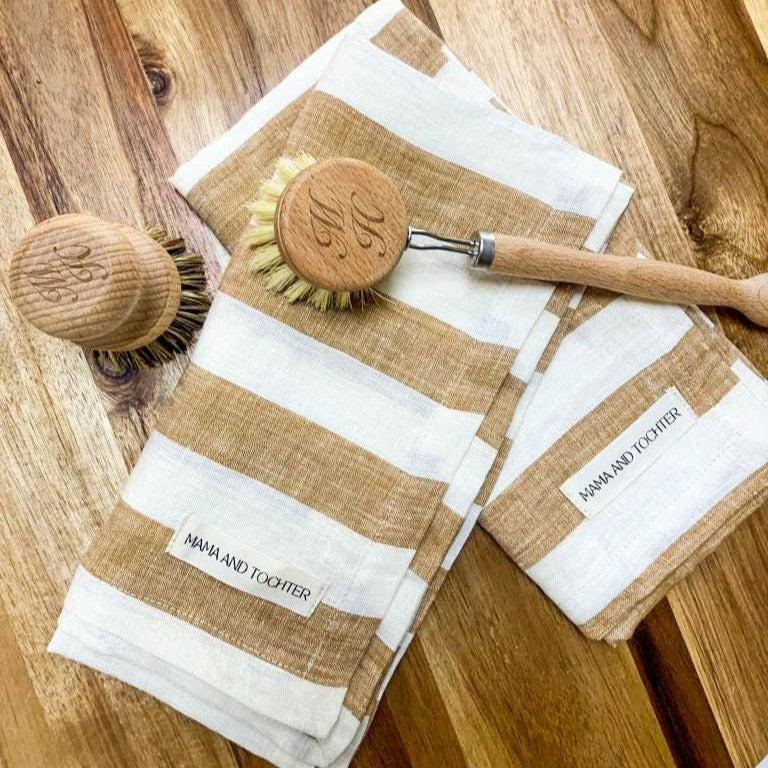 Pure French Linen Tea Towel - Wide Toffee Stripe Mama and Tochter