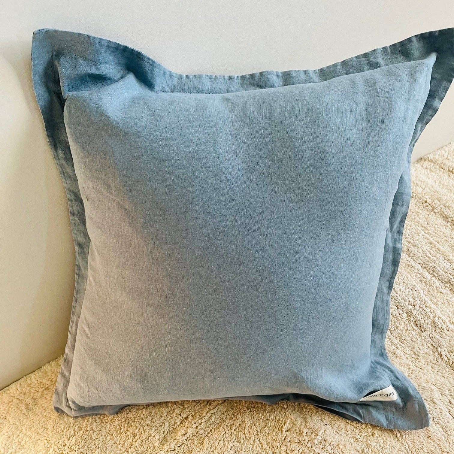Pure French Linen Cushion Cover with Flange Detail - Stone Blue Mama and Tochter