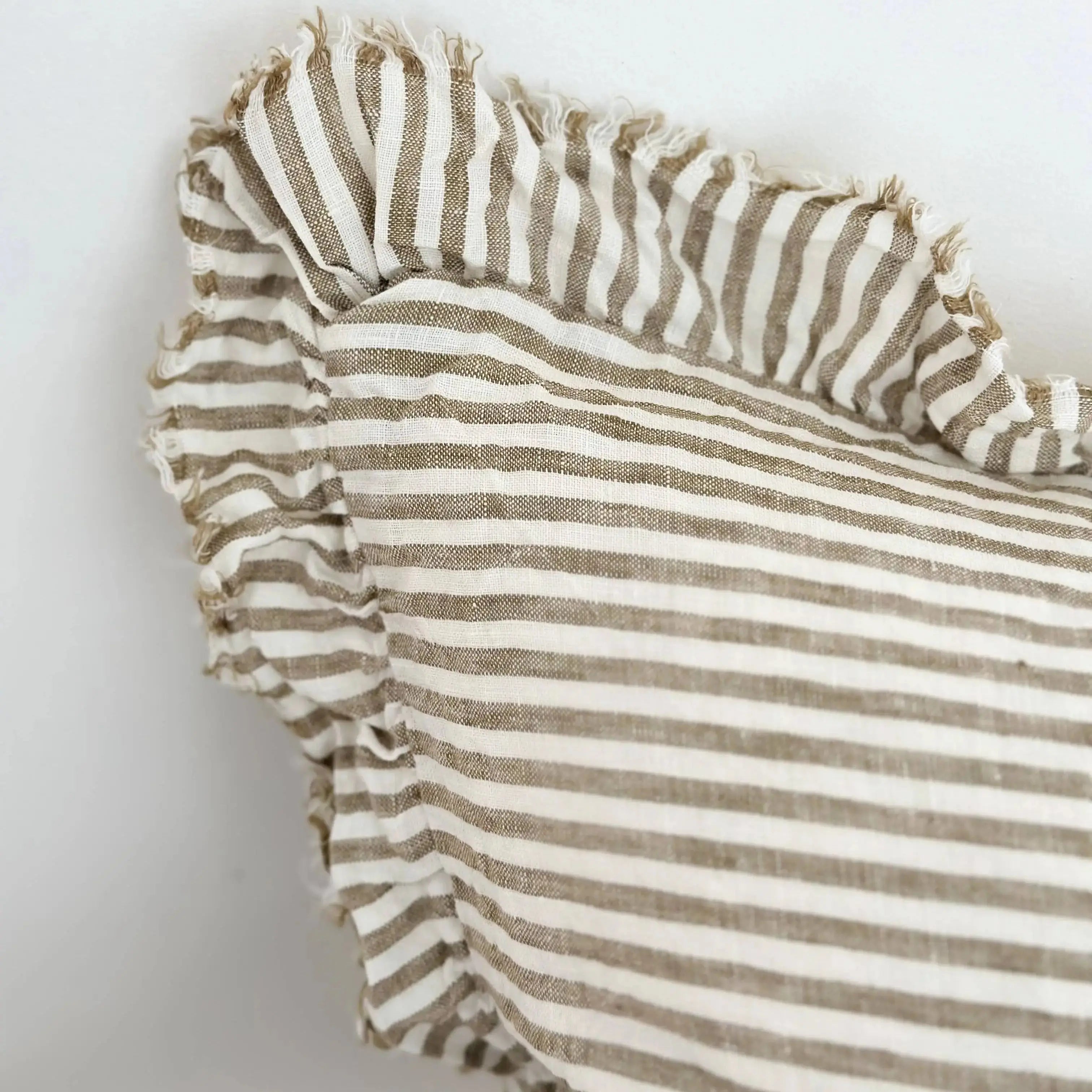 Hallie Ruffled Linen Cushion Cover  50x30 – Olive Stripe Ellenvale Trade