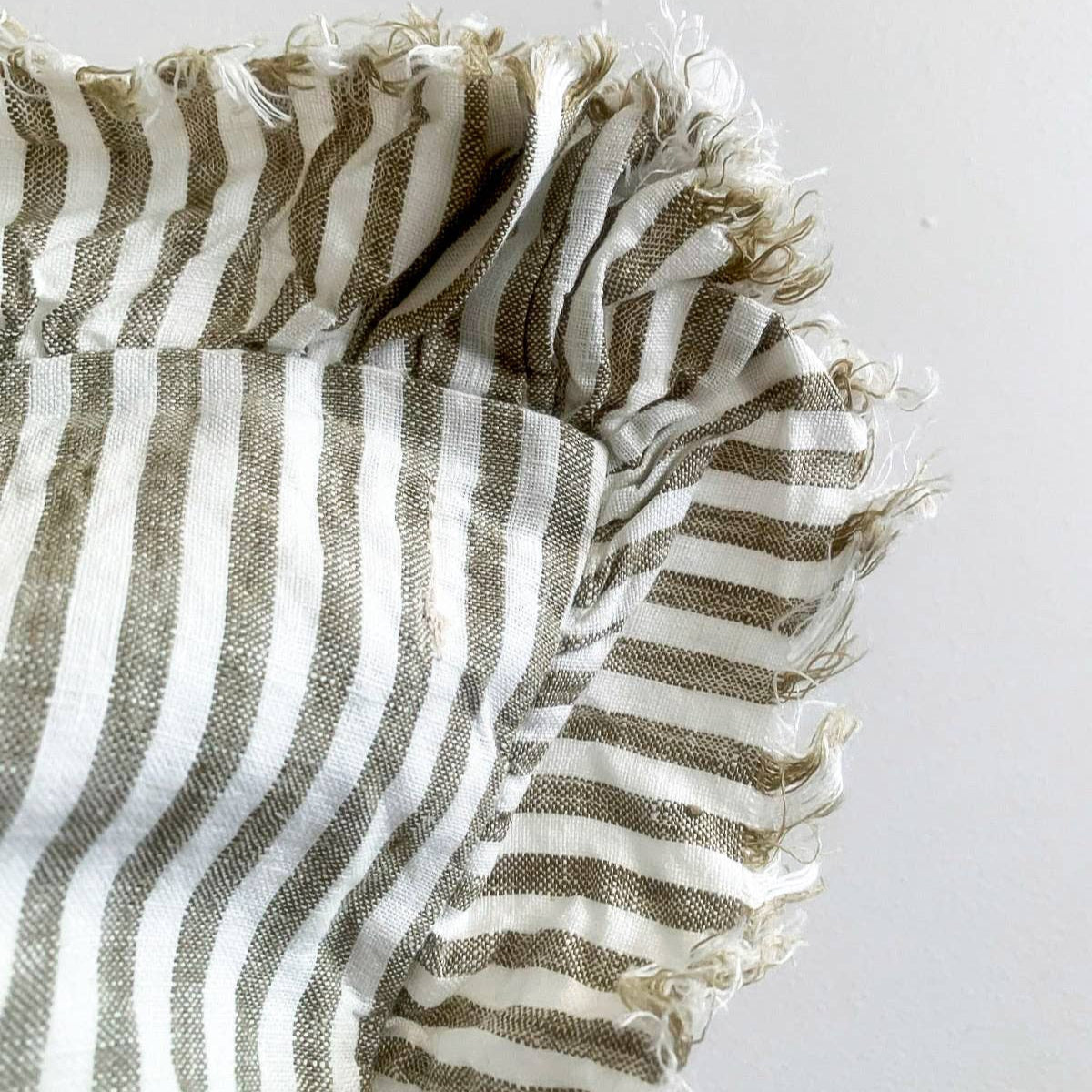 Pure French Linen Frayed Edge Ruffle Cushion - Olive Pinstripes Mama and Tochter