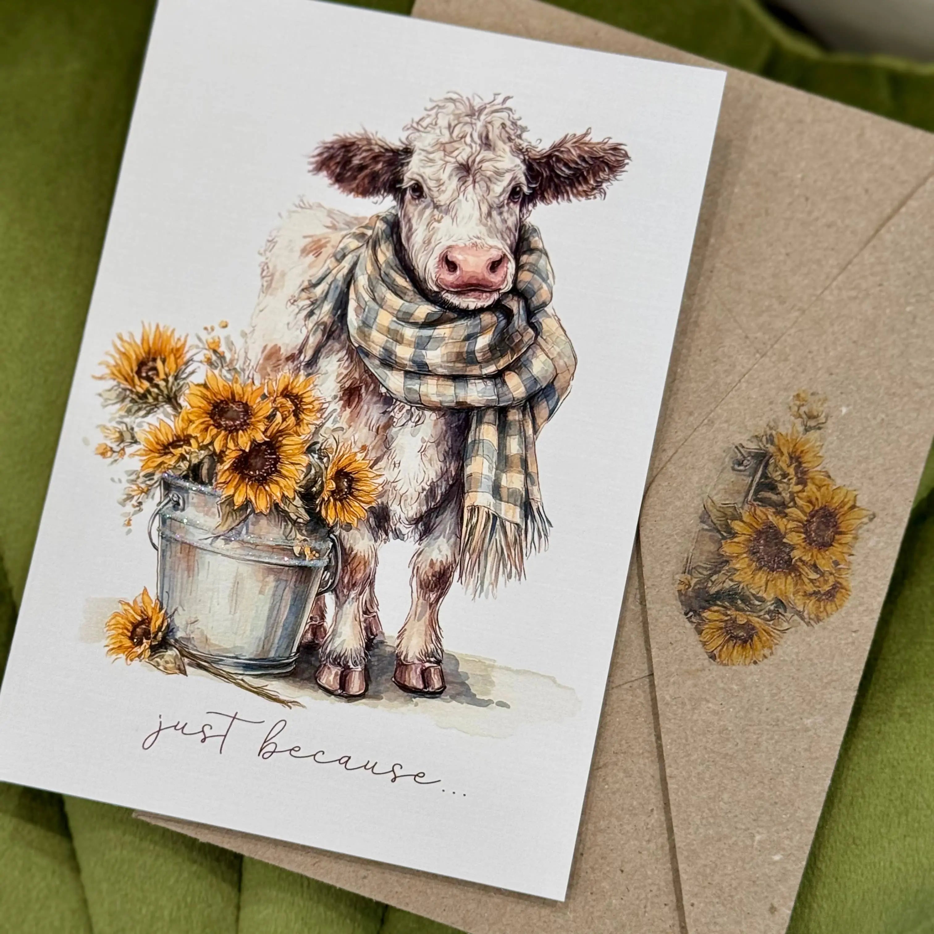 Cow & Sunflowers – "Just Because" Greeting Card