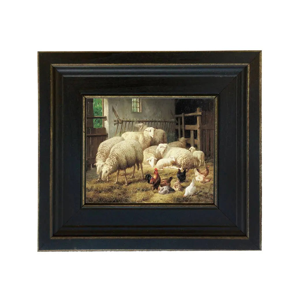 Sheep and Chickens – Vintage Painting Print on Canvas (Framed)