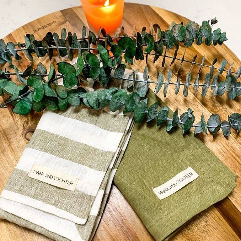 Pure French Linen Tea Towel - Wide Olive Stripe Mama and Tochter