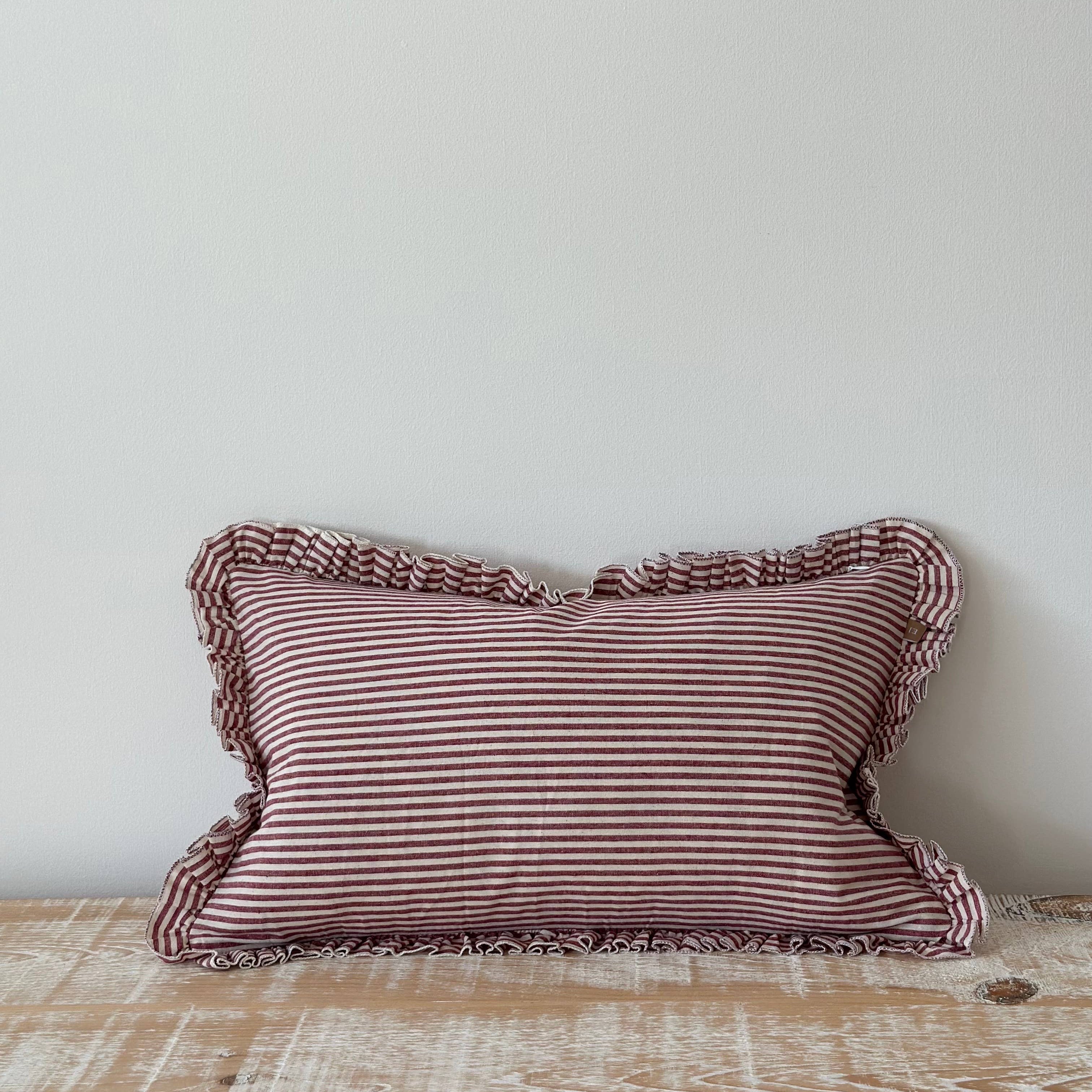 Darcy Ruffle Cotton Cushion Cover 50x30 – Burgundy Stripe Ellenvale Trade