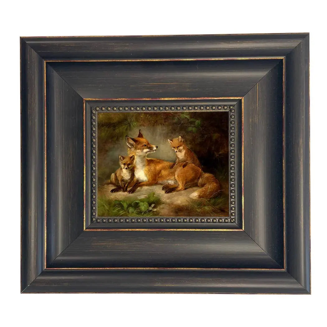 Family of Foxes – Vintage Painting Print on Canvas (Wide Distressed Black/Copper-Bead Frame)