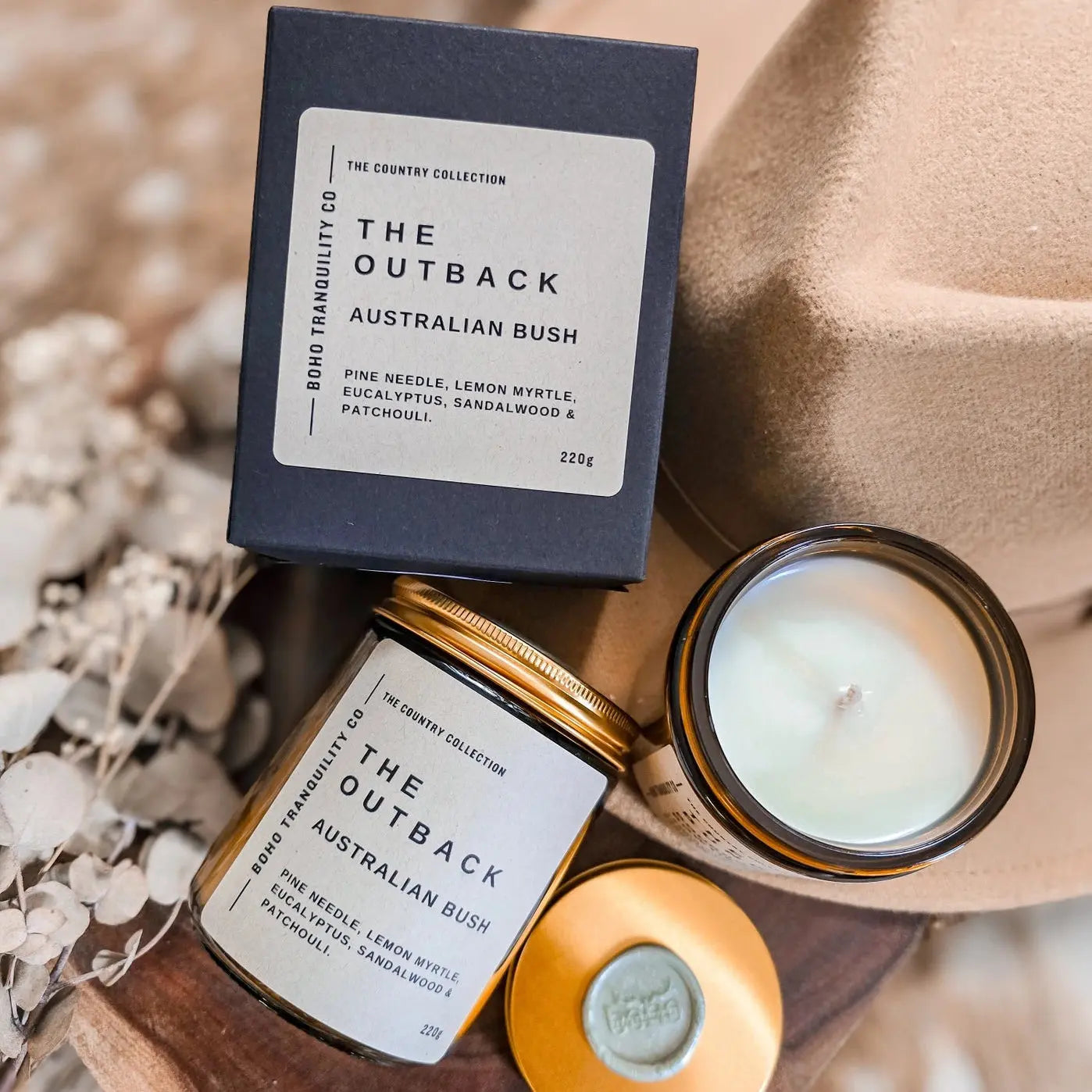 THE COUNTRY COLLECTION: THE OUTBACK – Amber Glass Candle 220gm Boho Tranquility Co