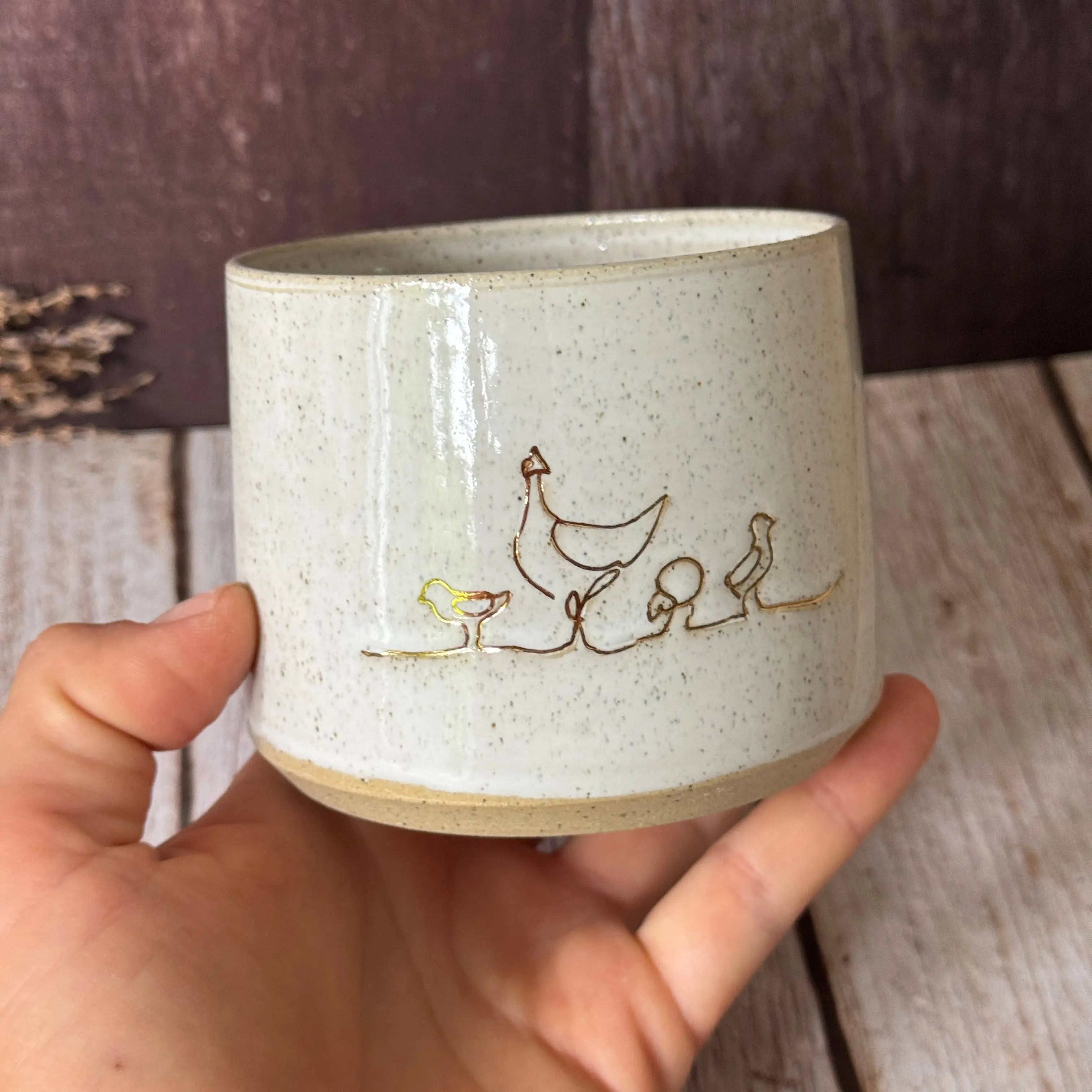 Ceramic Handmade Chicken Line Art Mug – Right-Handed Design Wolf and Clay Pty Ltd