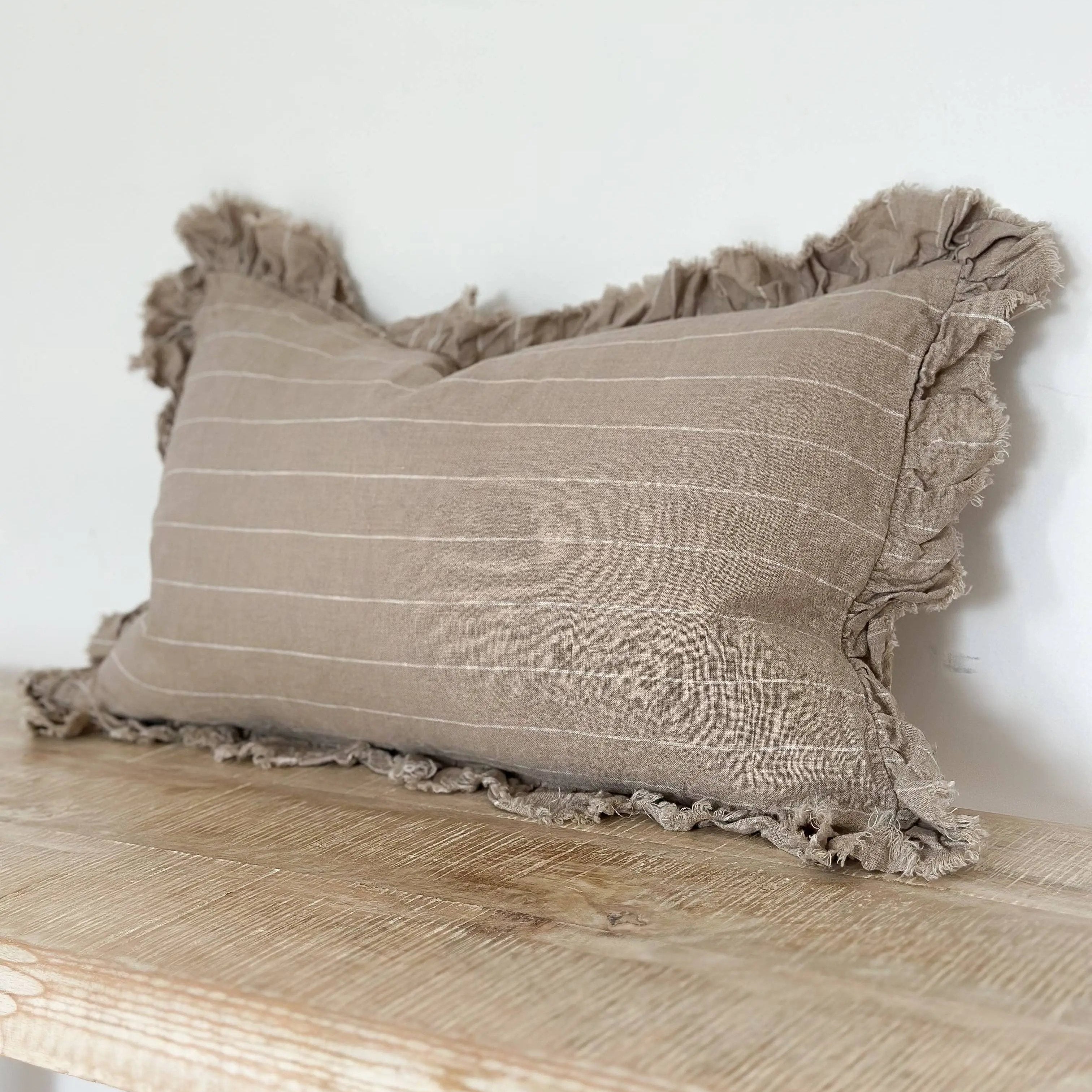 Hallie Ruffled Linen Cushion Cover 50x30 – Beige Stripe Ellenvale Trade