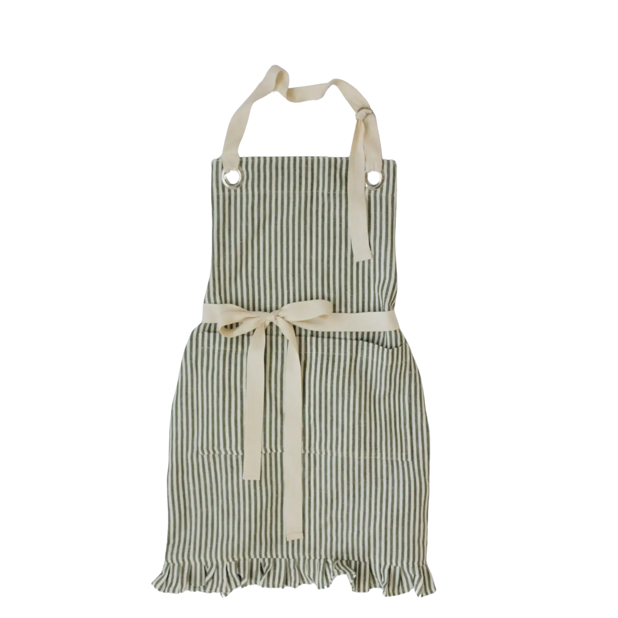 Ruffle Pin Stripe Apron: Green Porter Lane Home