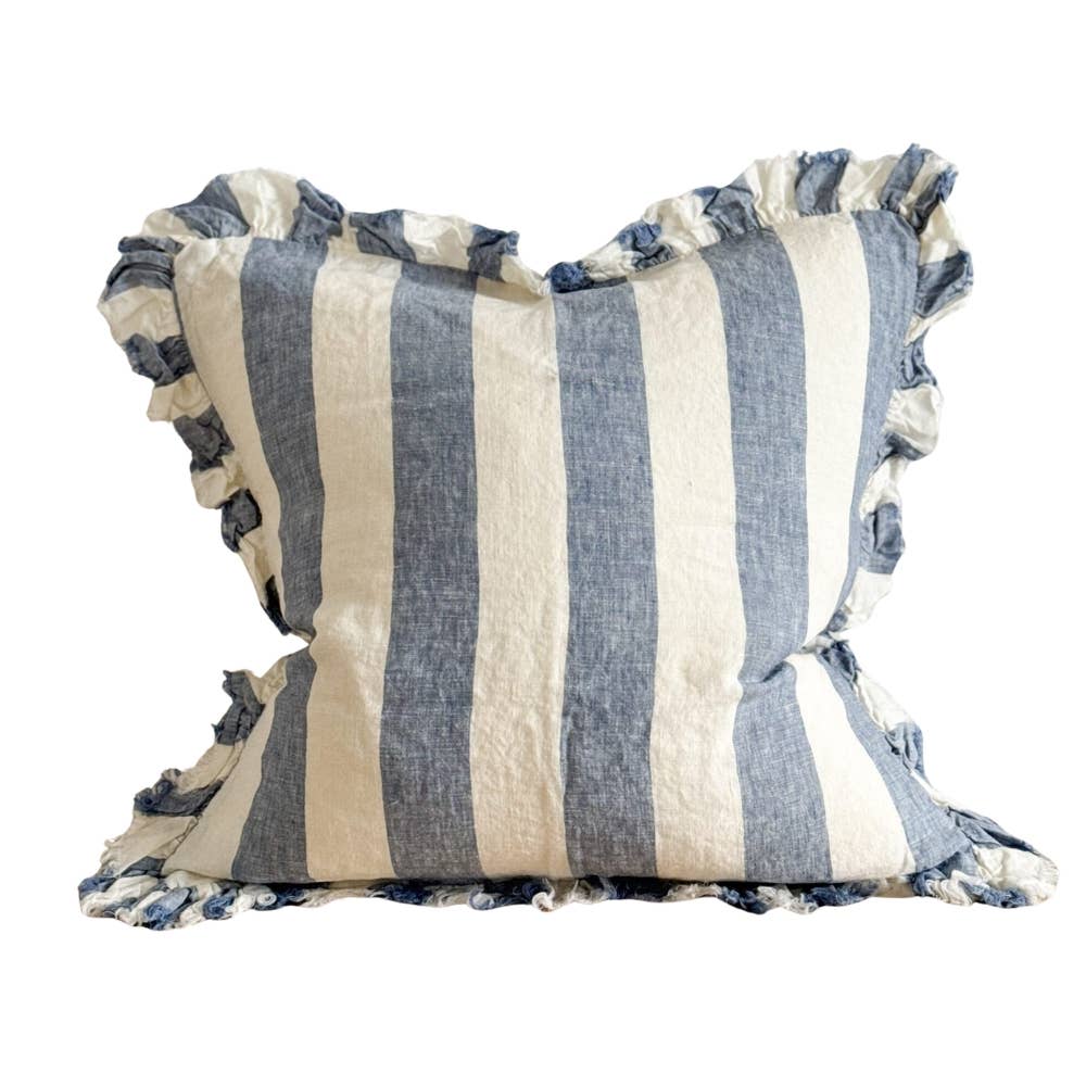 Hallie Ruffled Linen Cushion Cover – Blue Wide Stripe 45 × 45cm