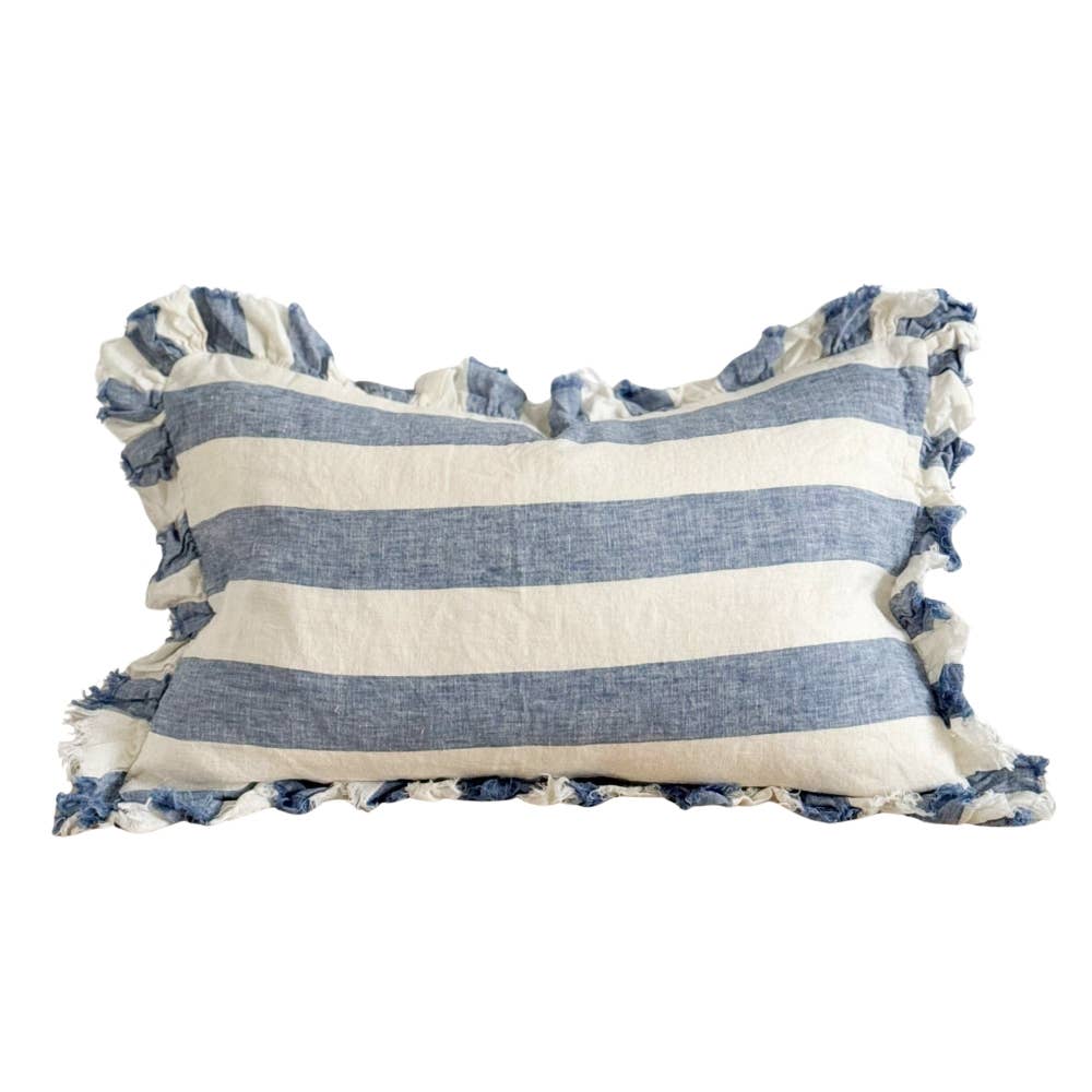 Hallie Ruffled Linen Cushion Cover – Blue Wide Stripe 45 × 45cm