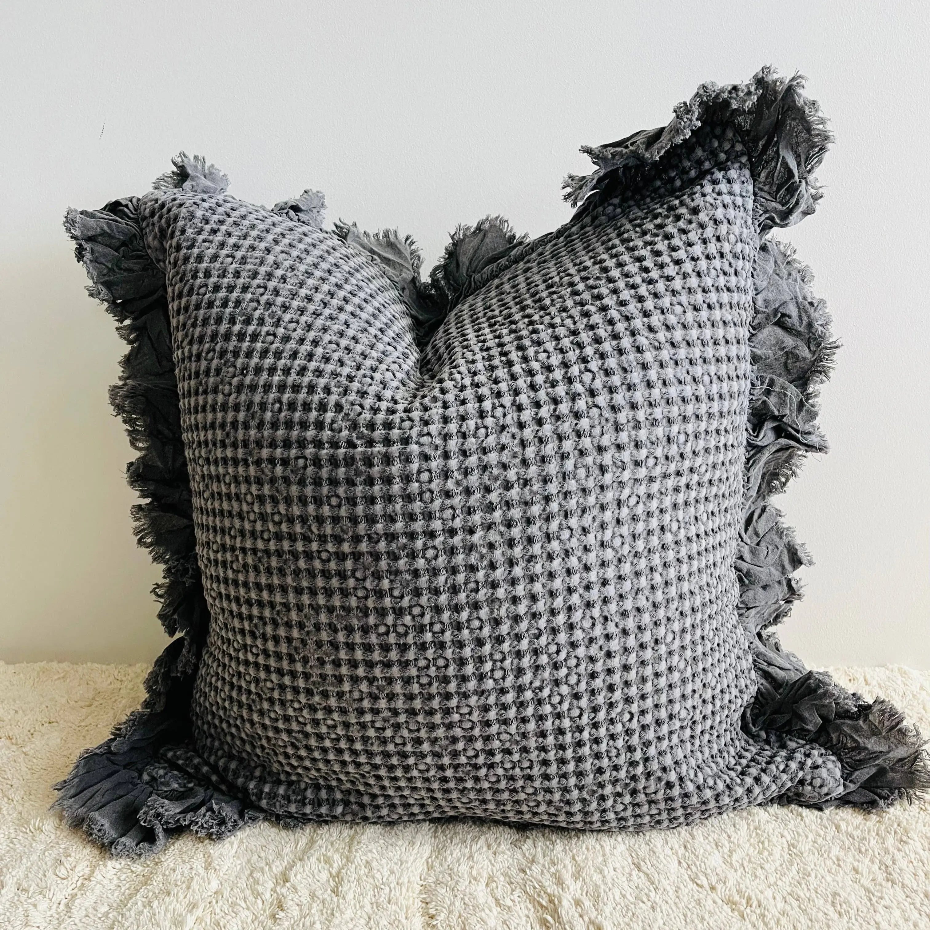 Organic Cotton Waffle Ruffle Charcoal Cushion Cover Only - Barrington Country Homewares