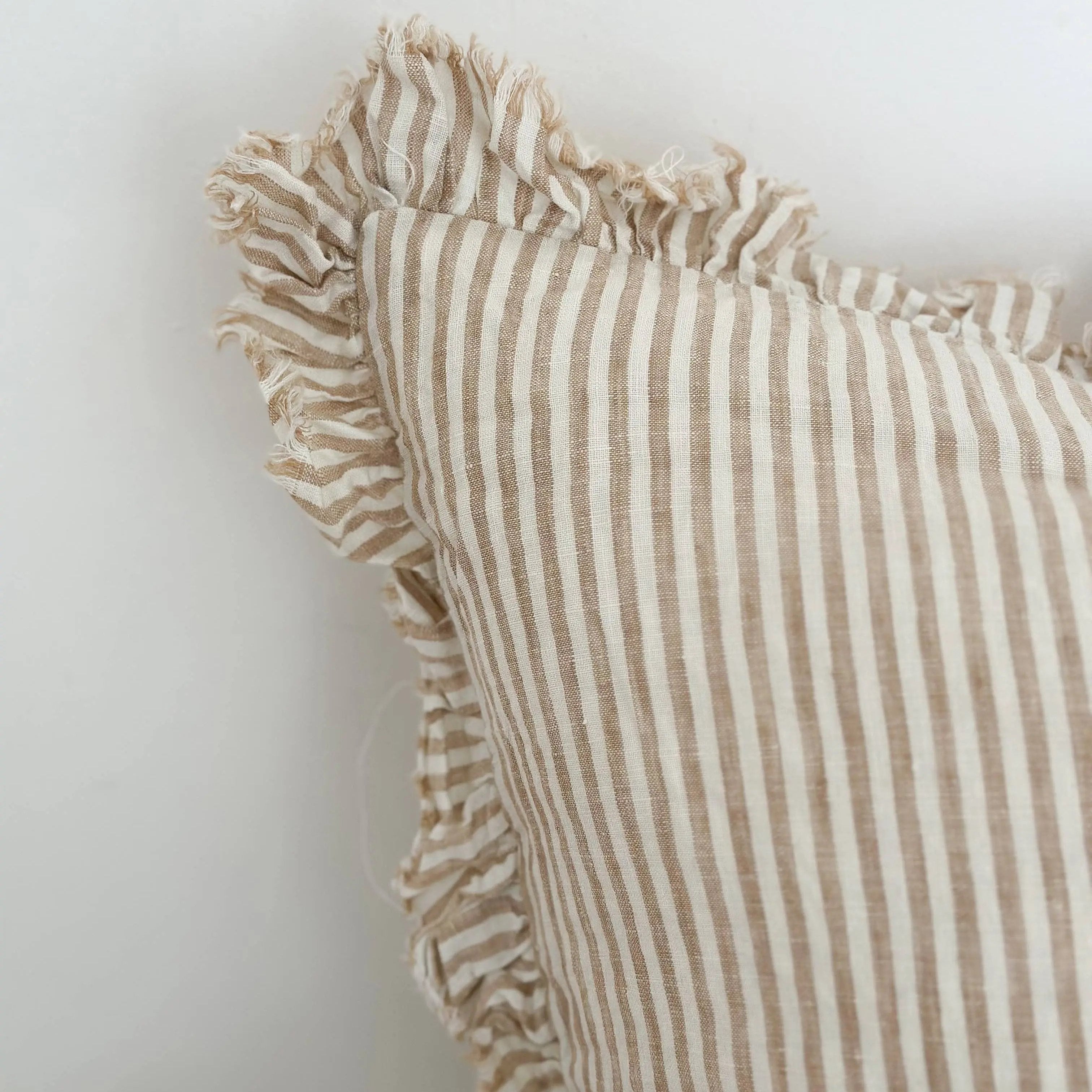 Hallie Ruffle Linen Cushion Cover – Light Brown Stripe : 45 x 45 cm Ellenvale Trade