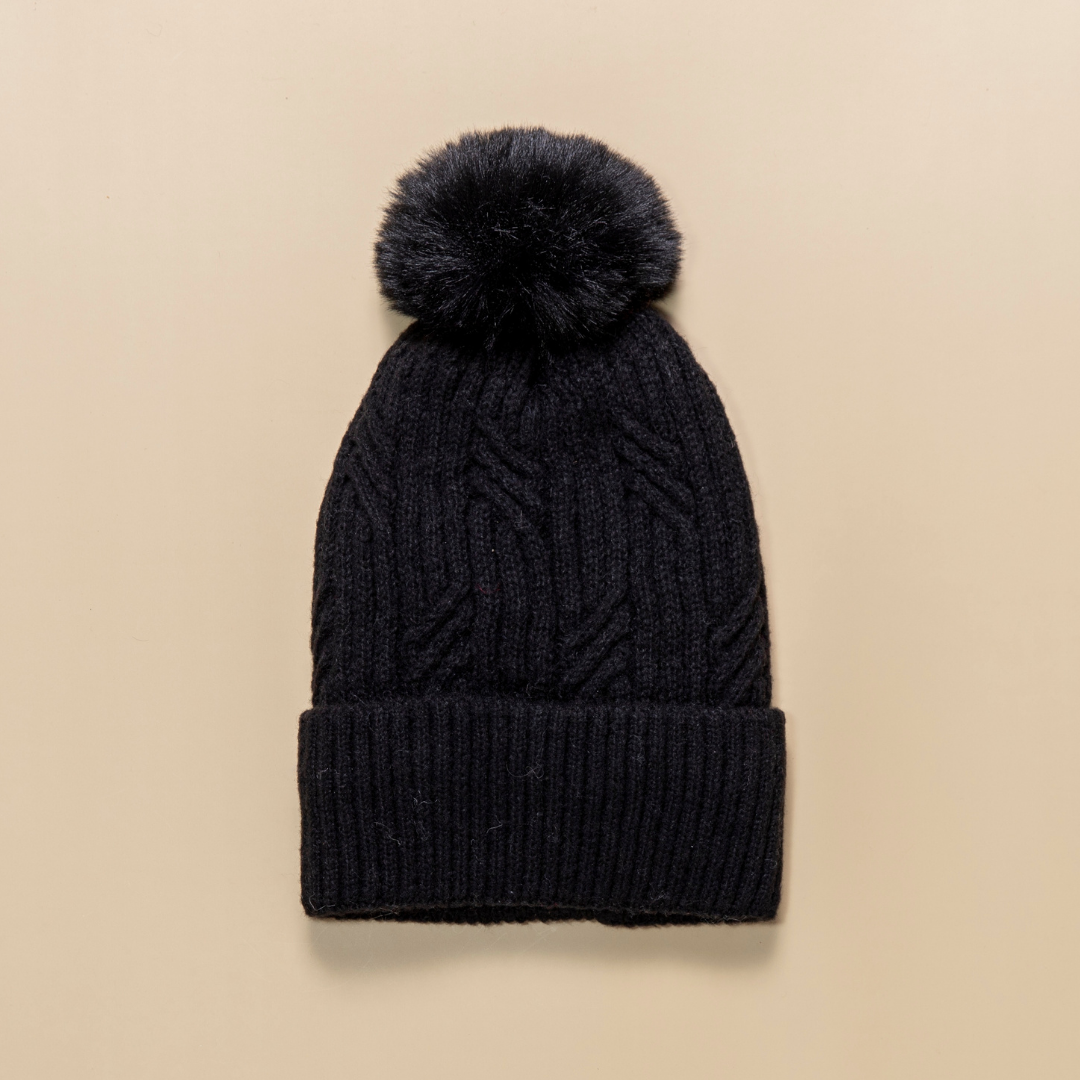 Braided Twist Pompom Beanie – Classic Black