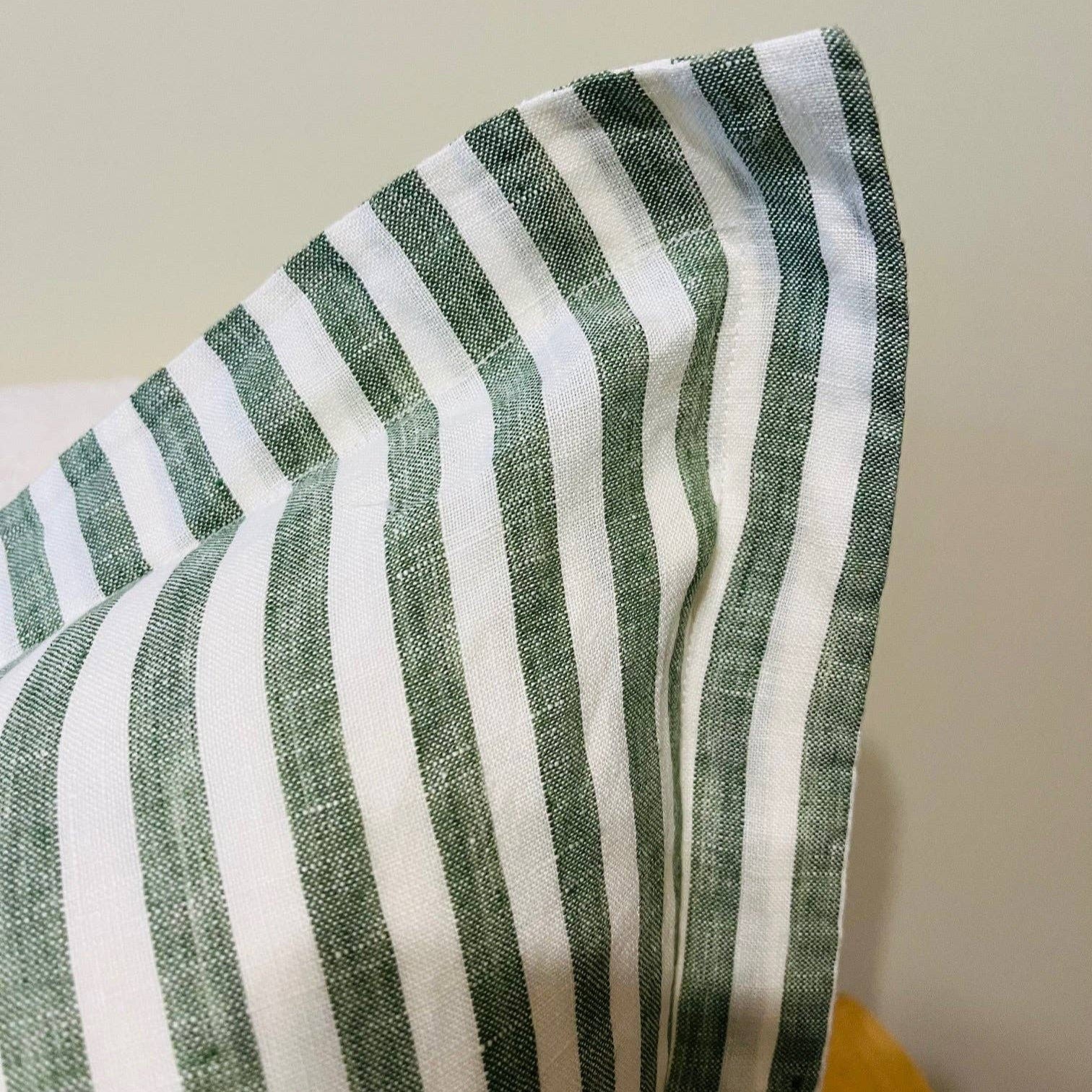 Pure French Linen Cushion Cover with Flange Detail - Celtic Green Stripe Mama and Tochter