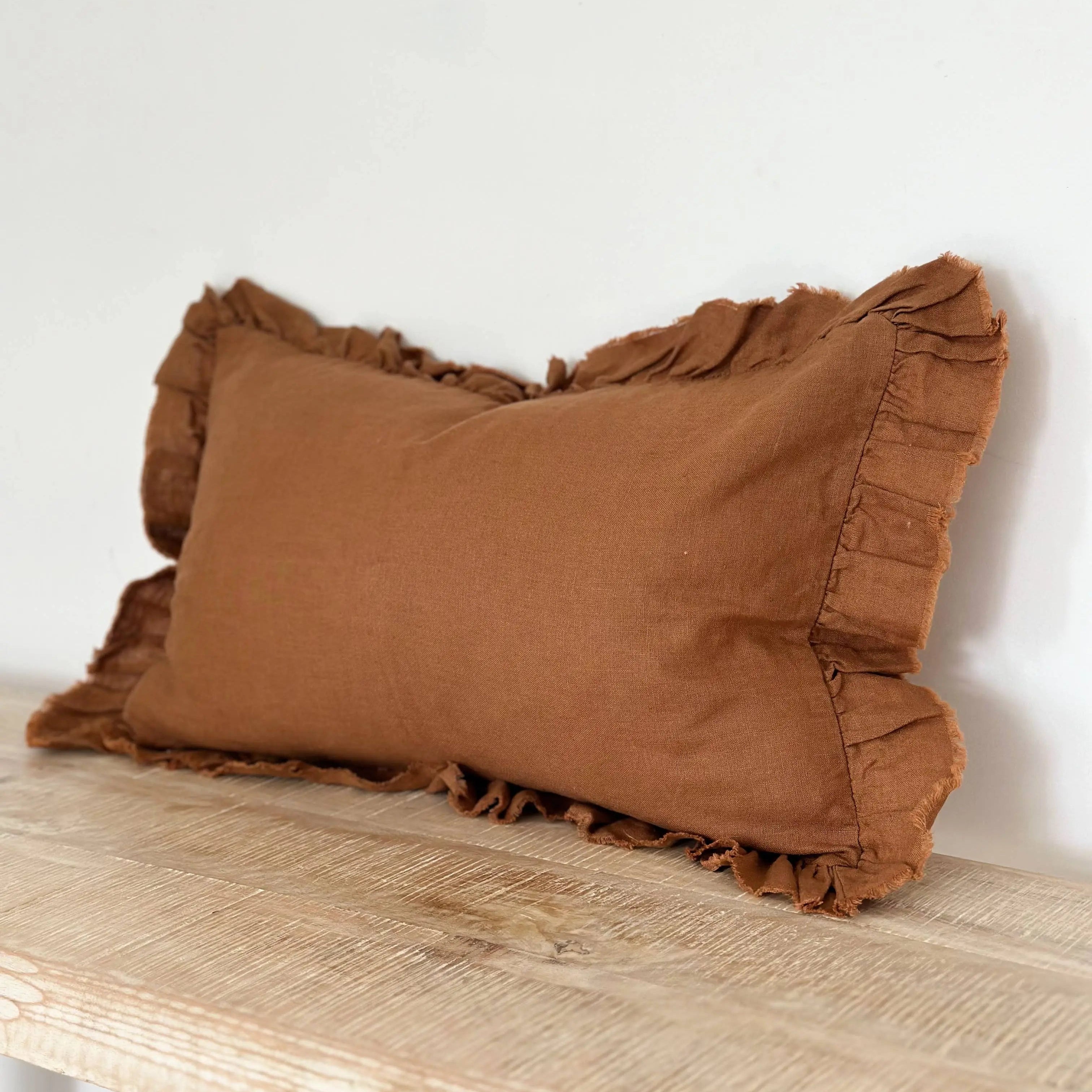 Hallie Ruffled Linen Cushion Cover – Rust 50 × 30 cm