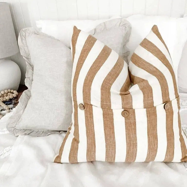 Toffee Wide Stripe Linen Cushion Mama and Tochter