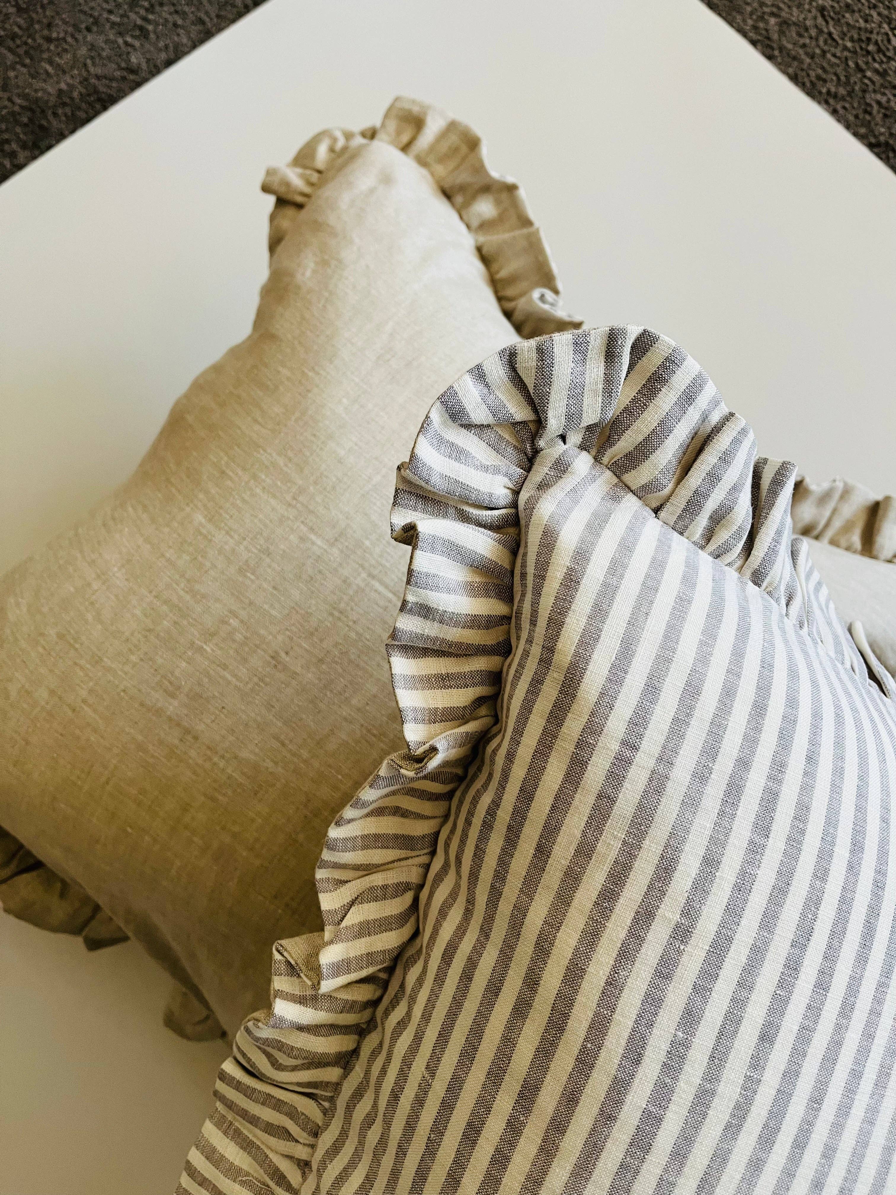 Pure Linen Reversible Ruffle Cushion Cover - Grey Stripe - Natural Mama and Tochter