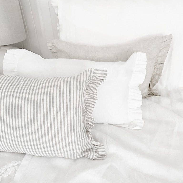 Linen Lumbar with Ruffle Ends - Grey Stripe 30 x 50 Mama and Tochter