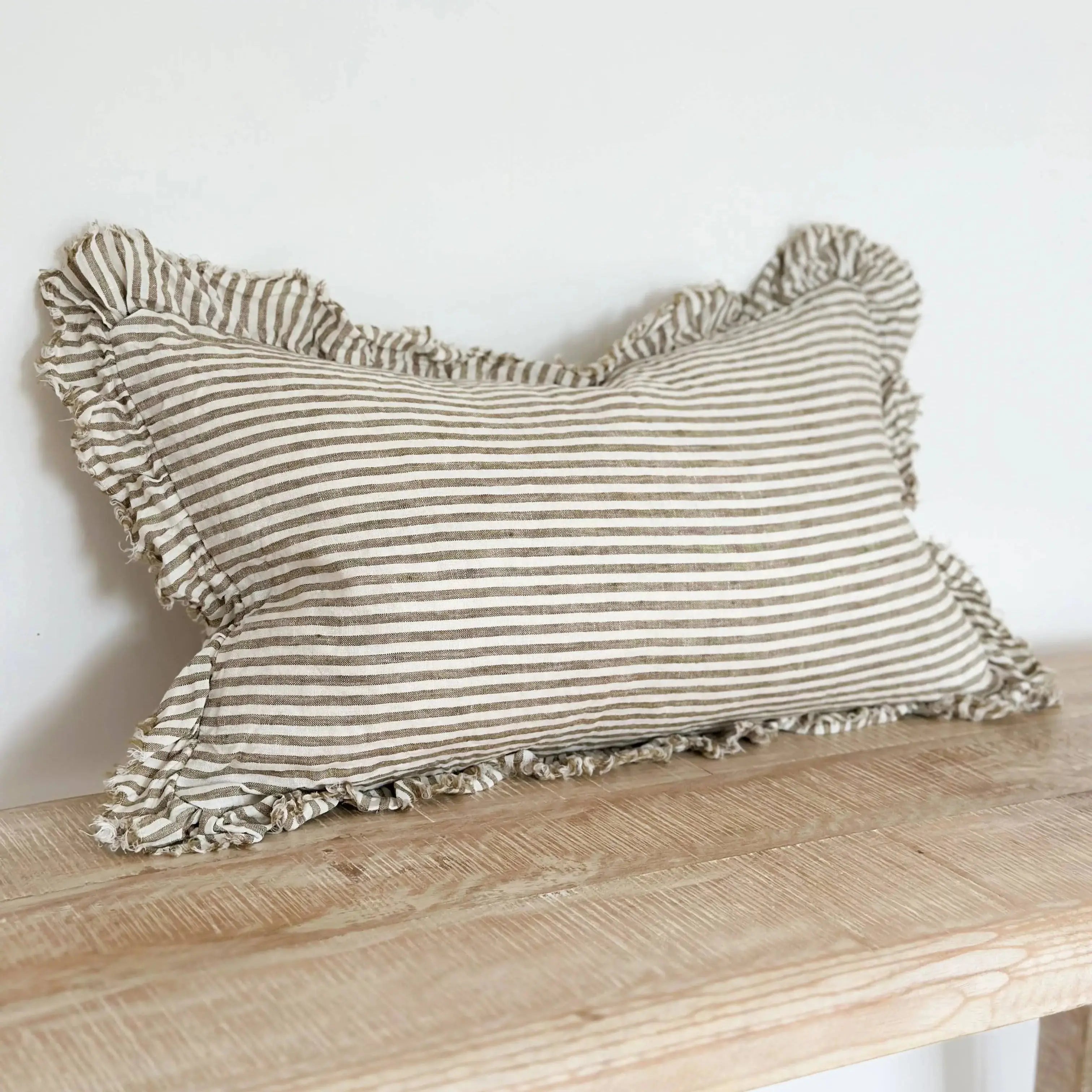 Hallie Ruffled Linen Cushion Cover  50x30 – Olive Stripe Ellenvale Trade
