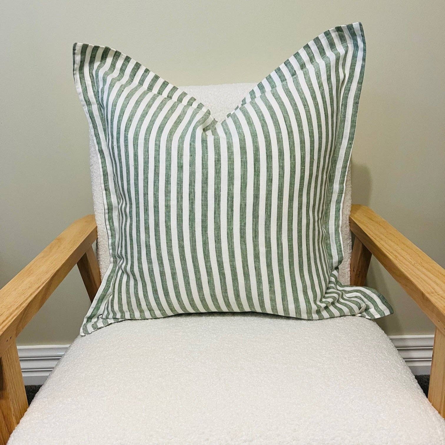 Pure French Linen Cushion Cover with Flange Detail - Celtic Green Stripe Mama and Tochter