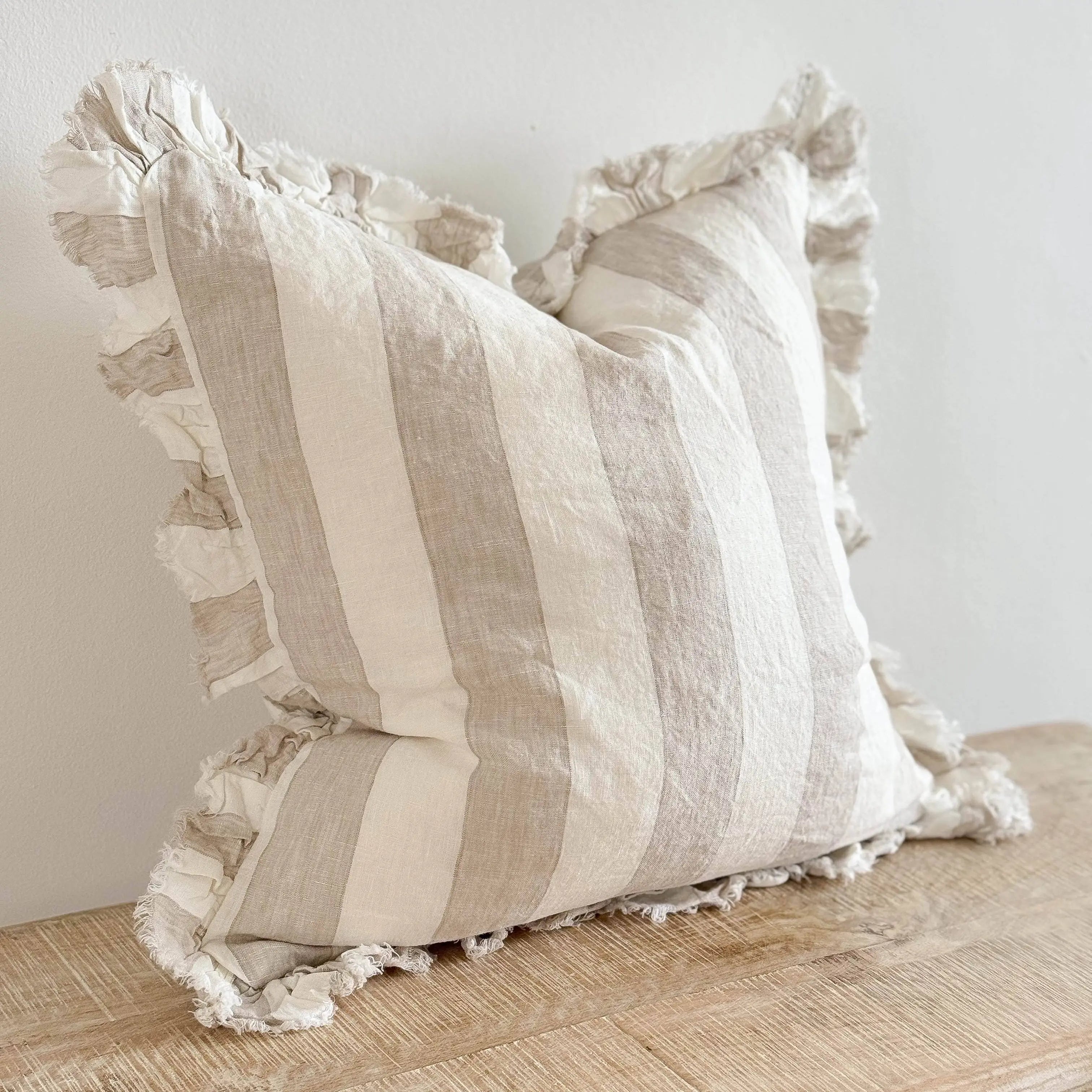 Hallie Ruffled Linen Cushion Cover – Beige & Cream Wide Stripe 45 x 45 cm Ellenvale Trade
