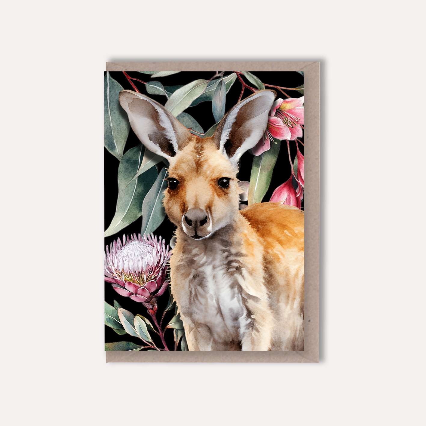 Australian Kangaroo on Native Florals greeting card Scattered Seed Co