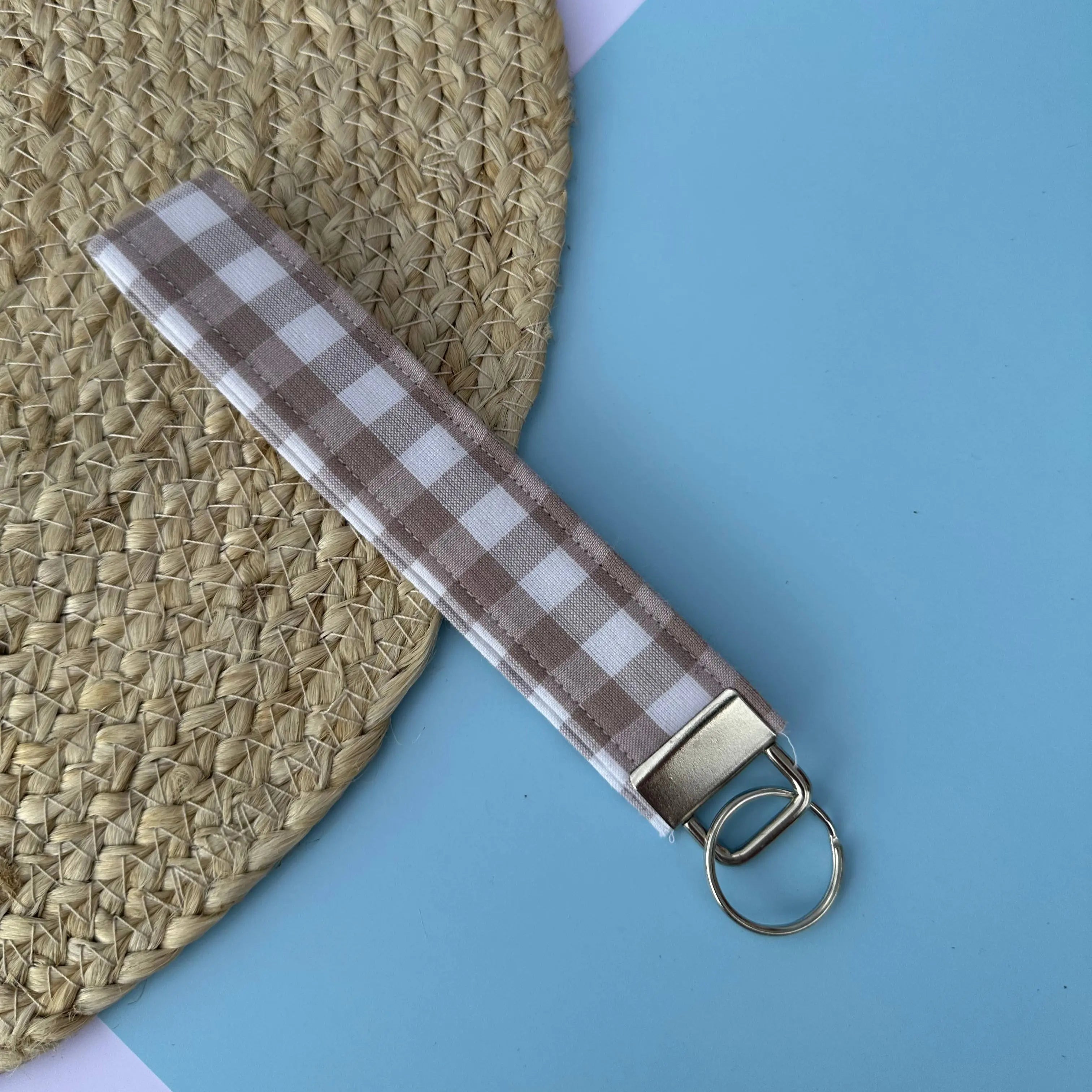 Keychain Wristlet - Gingham in Latte Brown Handmade Jems