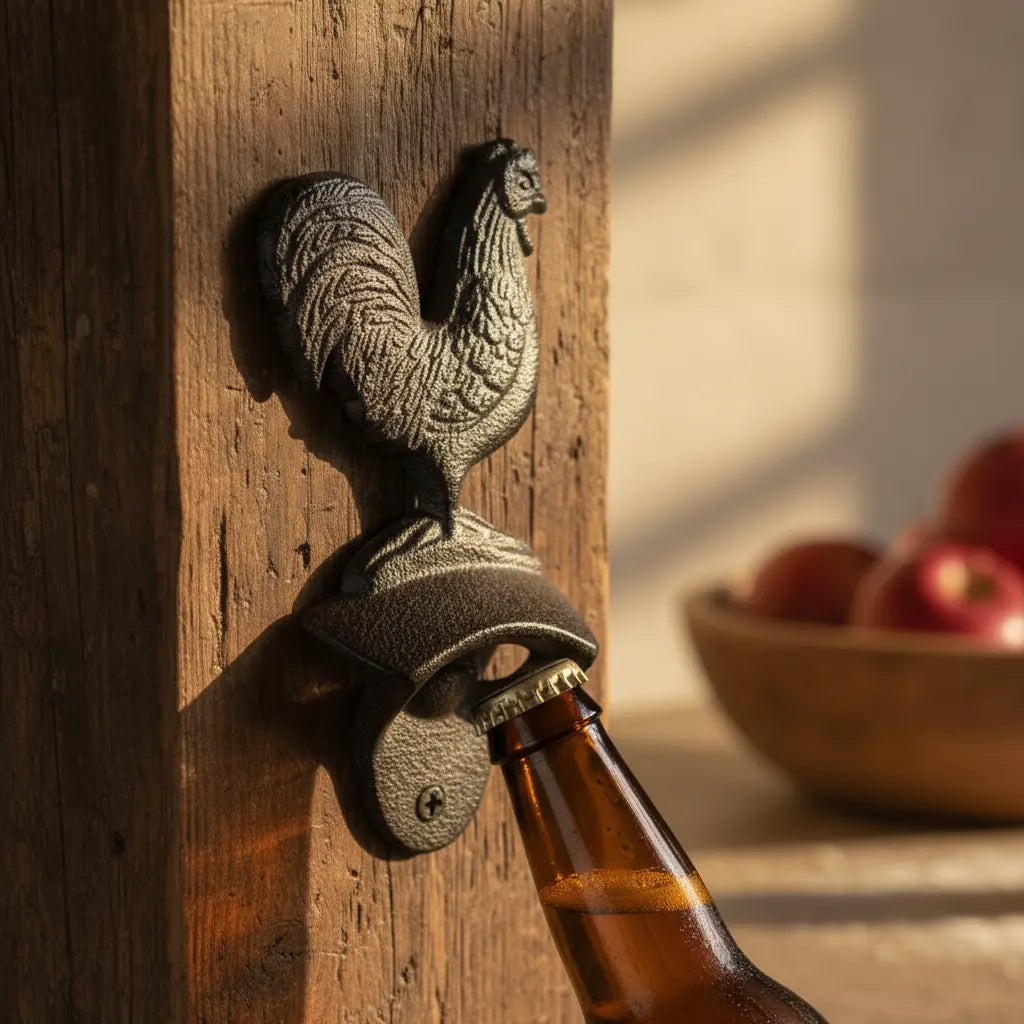 Farmhouse Cast Iron Rooster Bottle Opener – Rustic Kitchen & Bar Accessory Iron & Blossom