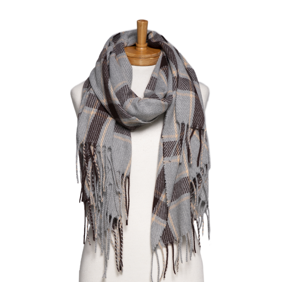 Checked Fringe Scarf – Grey & Black