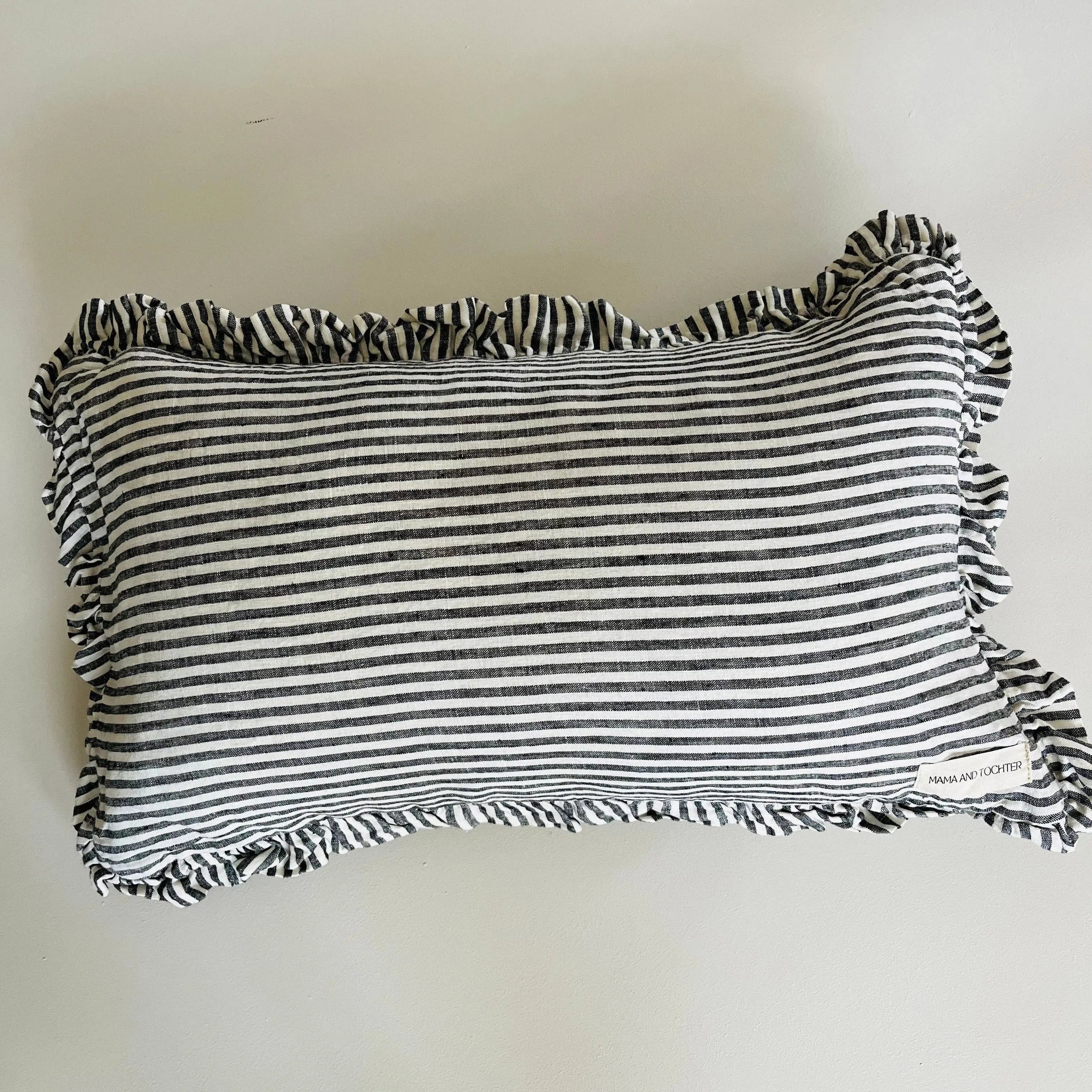 Charcoal Pinstripes Pure French Linen Ruffle Lumbar - Cover Only - Barrington Country Homewares