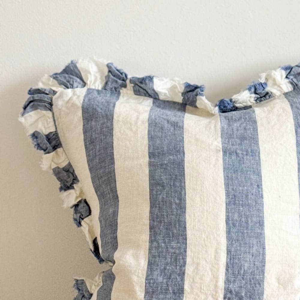 Hallie Ruffled Linen Cushion Cover – Blue Wide Stripe 45 × 45cm