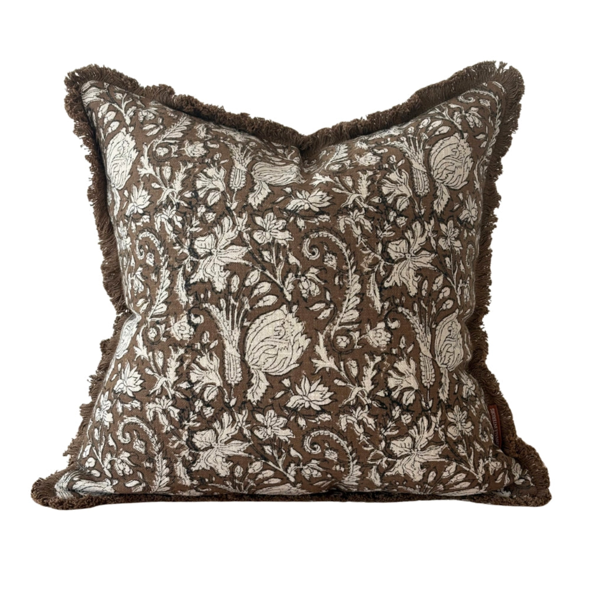 Sadie Brown & Cream Printed Fringed Cushion Cover - 45x45