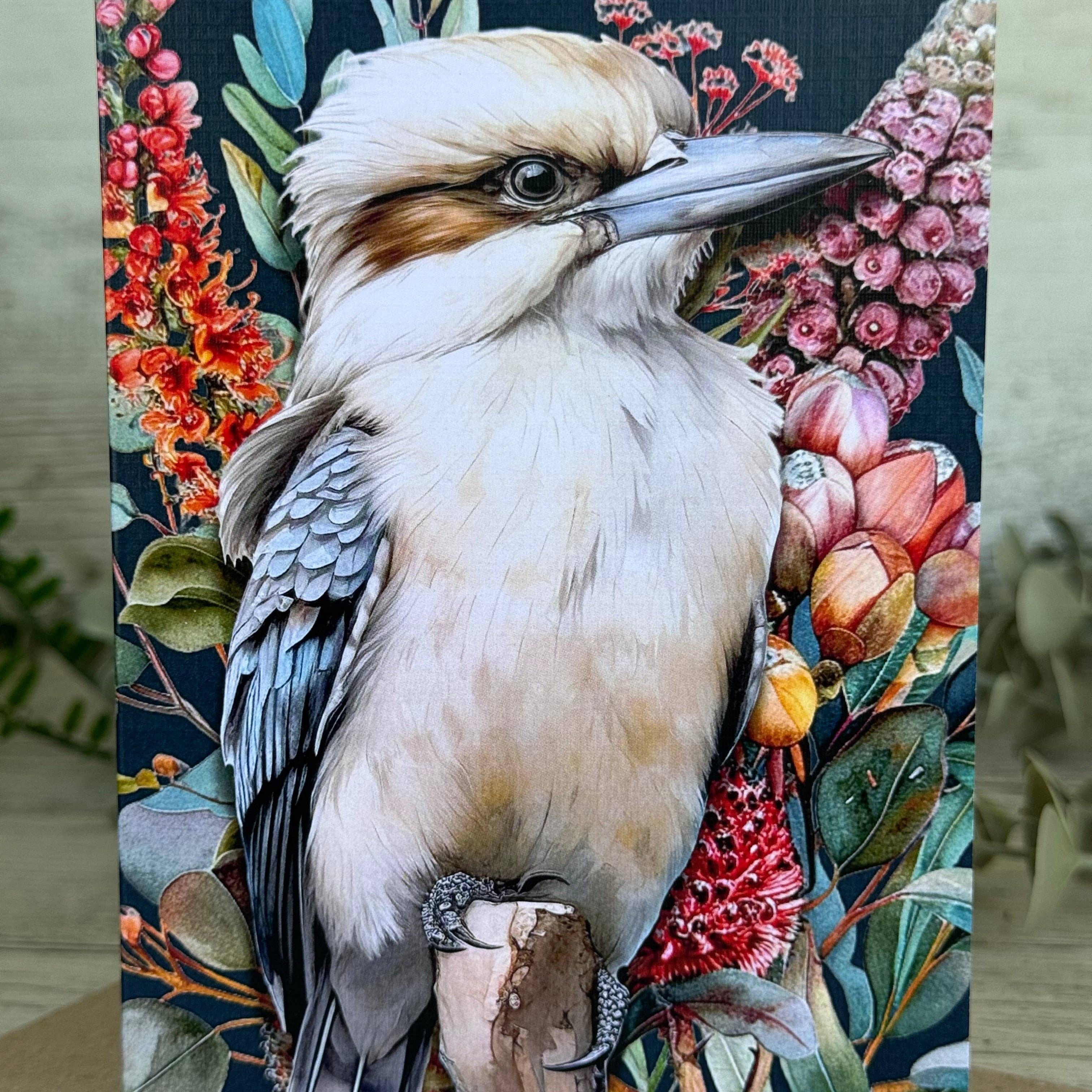 Australian Kookaburra on Native Florals greeting card Scattered Seed Co