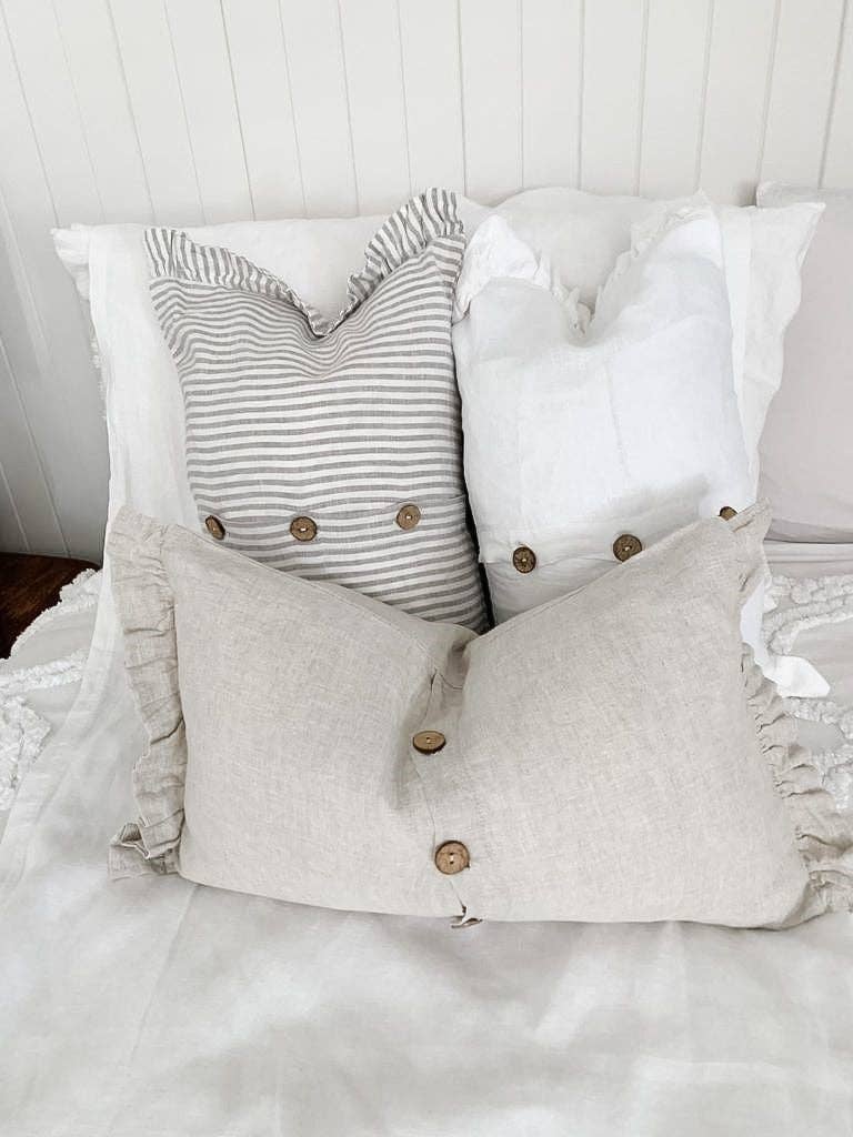 Linen Lumbar with Ruffle Ends - Grey Stripe 30 x 50 Mama and Tochter