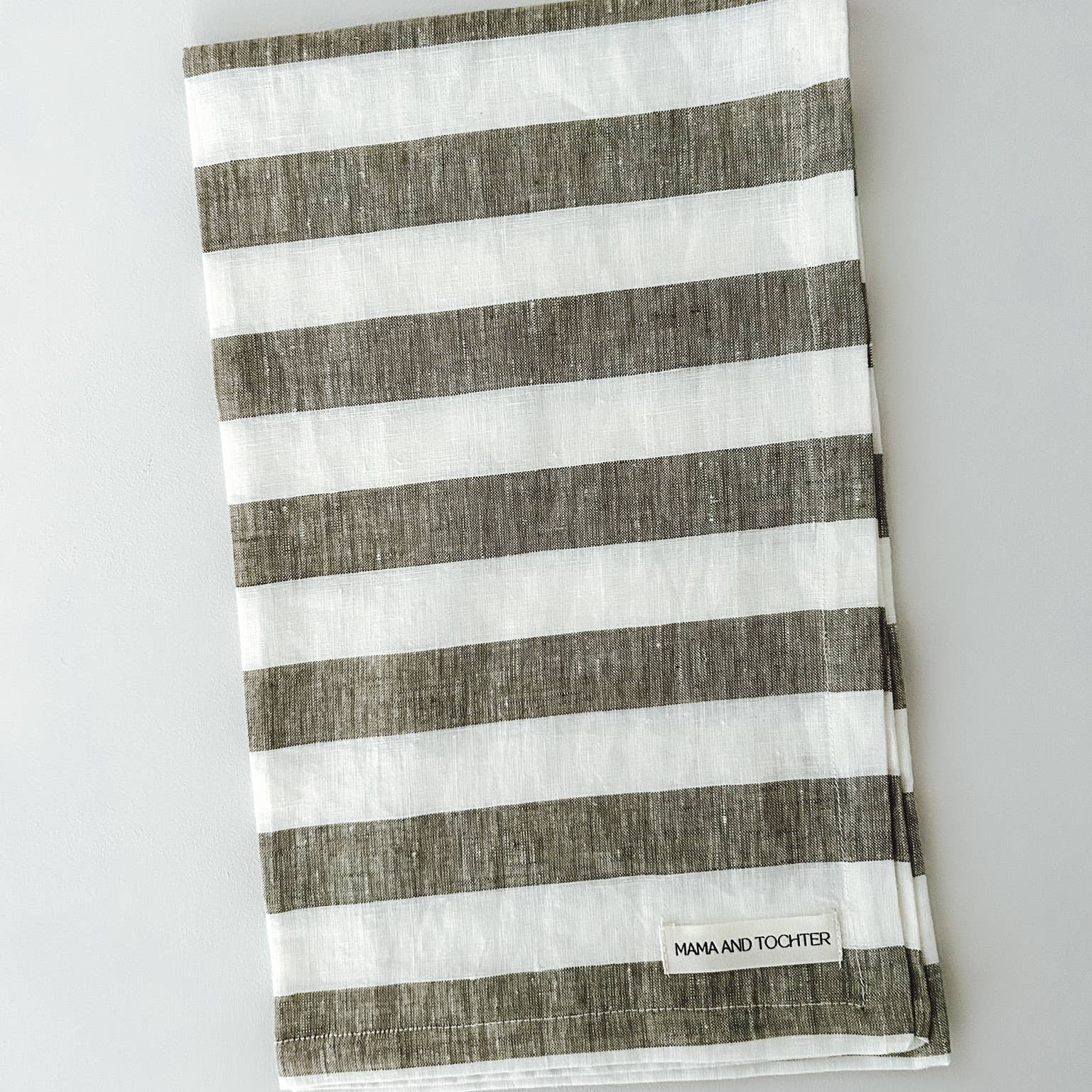 Pure French Linen Tea Towel - Wide Olive Stripe Mama and Tochter